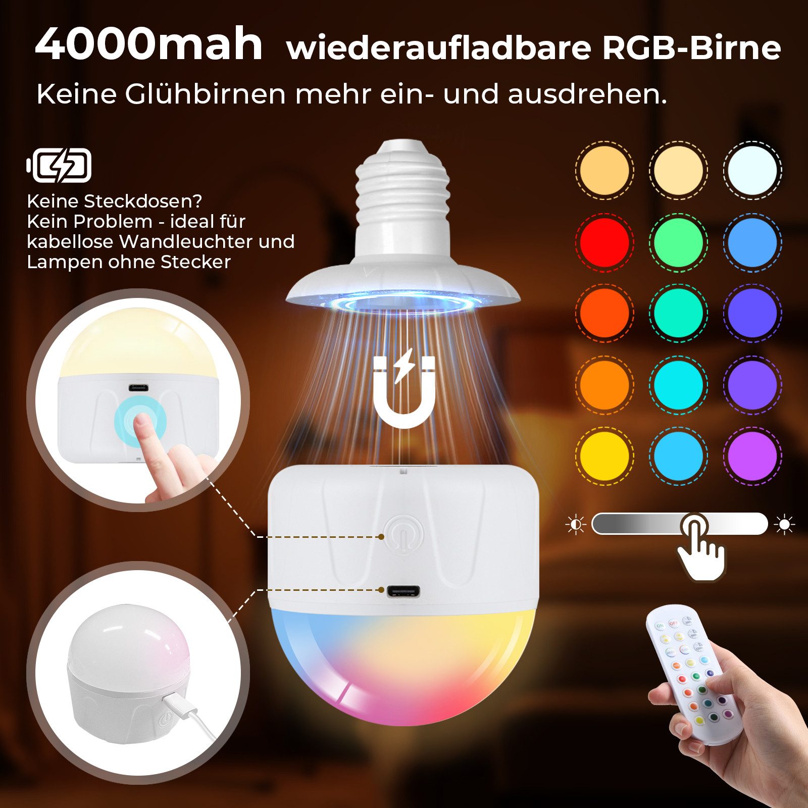 MUPOO Nachttischlampe Retro-Wandleuchte mit Floral Glasschirm, Akku E27 RGB Leuchtmittel, Wandbeleuchtung mit Fernbedienung, Timer, Grün