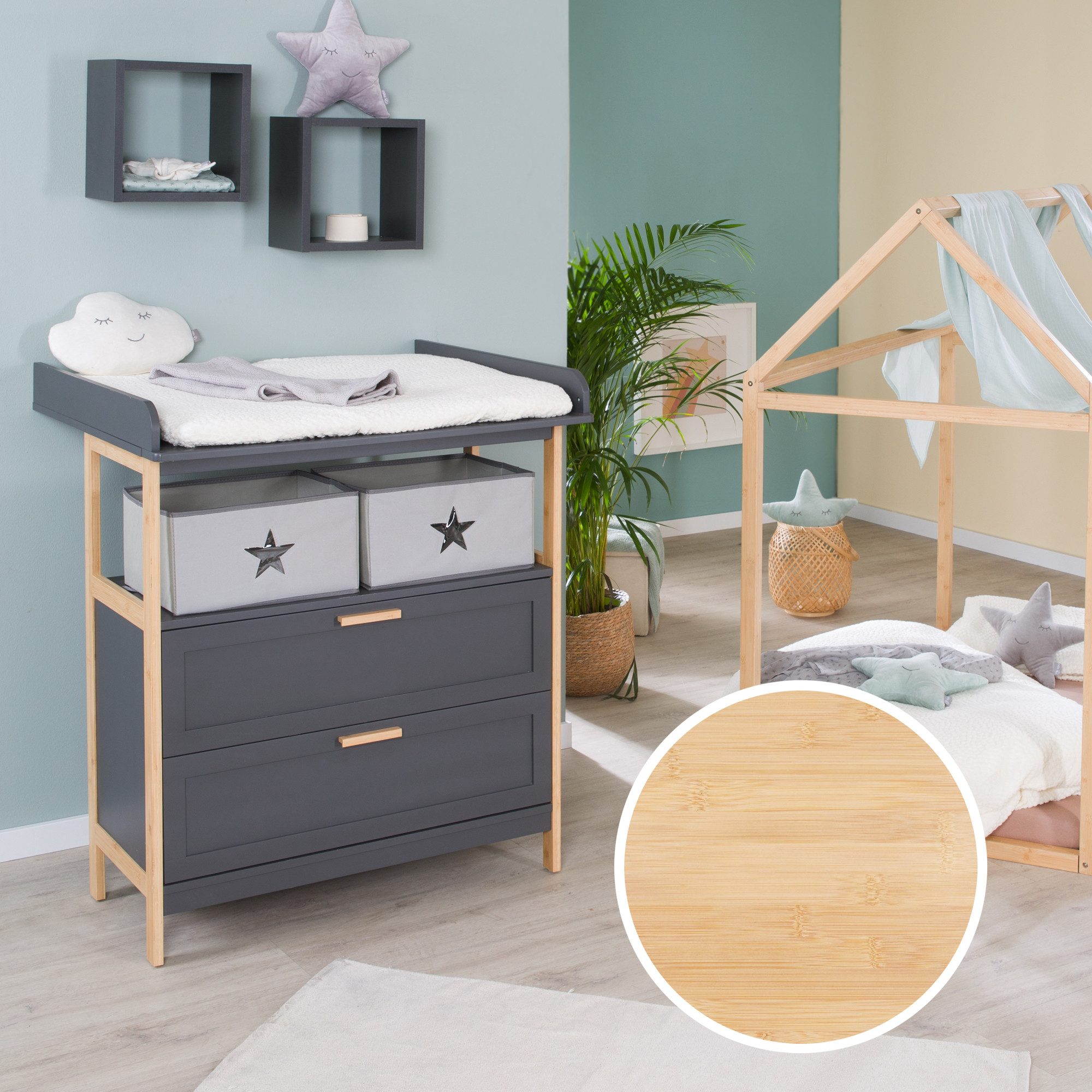 roba® wrap dresser Berlin - Frame + handles made of bamboo wood - Anthracite, removable wrap attachment - changing table with 2 drawers & fabric boxes