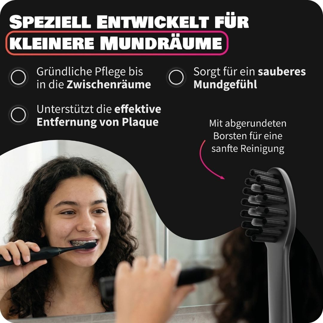 Zahnheld Aufsteckbürsten Ersatzbürsten Basic Mini für Kinder - ideal für Schallzahnbürste Gero, im 3er, 6er oder 9er Set, Zahnpflege Set, schmale Wechselköpfe, plastikfrei verpackt, 3 Stück, schwarz