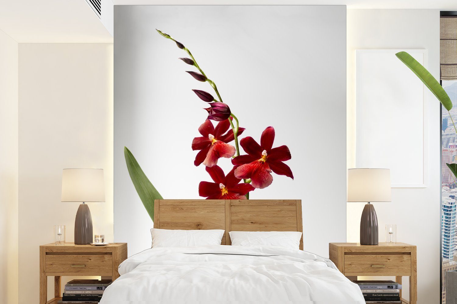 MuchoWow Fototapete Rote Orchidee mit Blättern auf weißem Hintergrund, Matt, bedruckt, (4 St), Montagefertig Vinyl Tapete für Wohnzimmer, Wandtapete