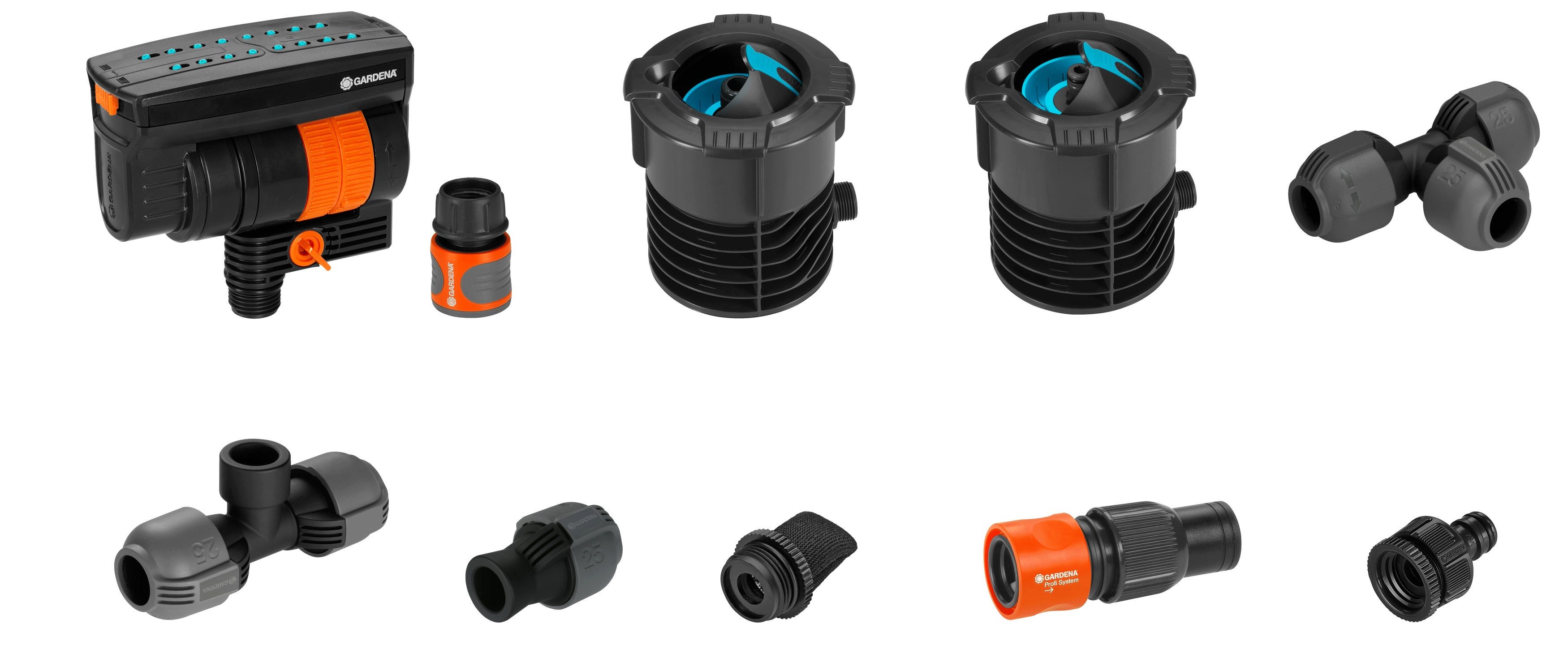 GARDENA Bewässerungssystem Start-Set Pipeline, (mit 2 Wassersteckdosen, inkl. Viereckregner), Sofort einbaubereit: Das unterirdische Wassernetz für den Garten