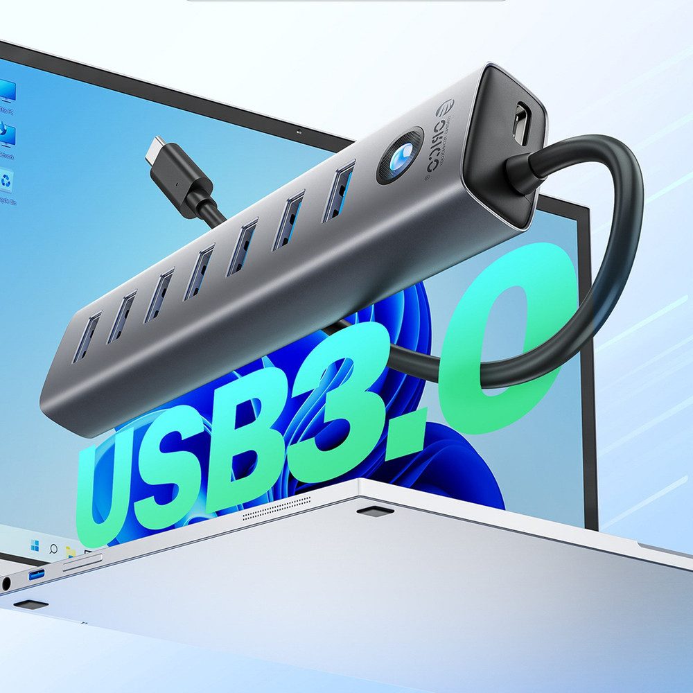ORICO USB-Verteiler Datenhub Anschlusserweiterung HUB (7x USB-A 3.0, 5 Gbit/s, USB-C-Stromeingang, Aluminium)