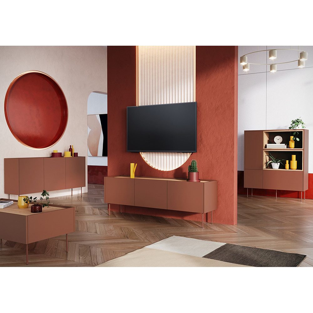 Lomadox Wohnzimmer-Set DELFT-141, (Mega-Spar-Set, 4-St., Couchtisch Highboard Lowboard Sideboard), in keramikrot mit Eiche, Metfallfüße, modern, grifflos
