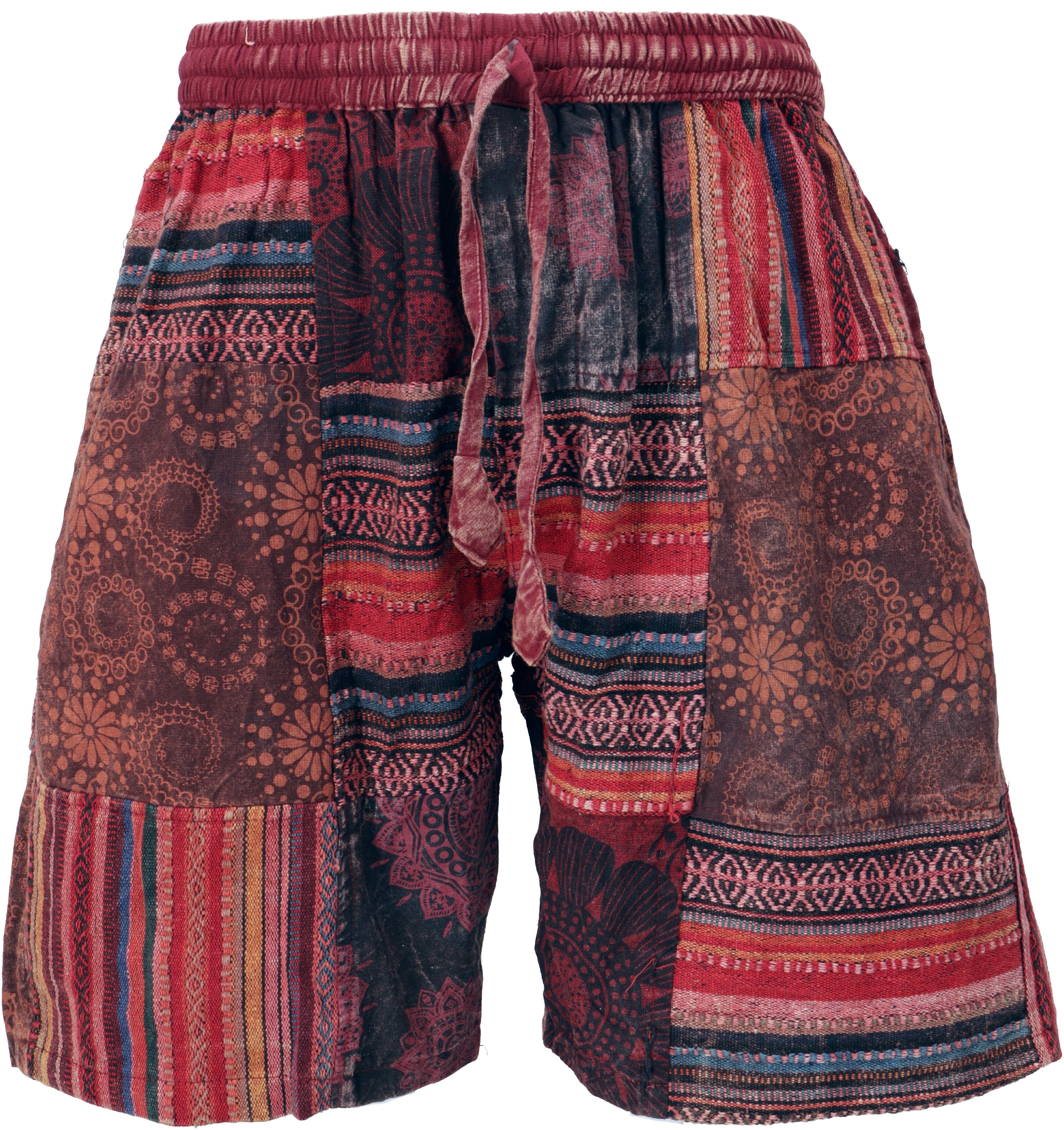 Guru-Shop Relaxhose Ethno Yogashorts, Patchwork Shorts - weinrot Hippie, Ethno Style, alternative Bekleidung