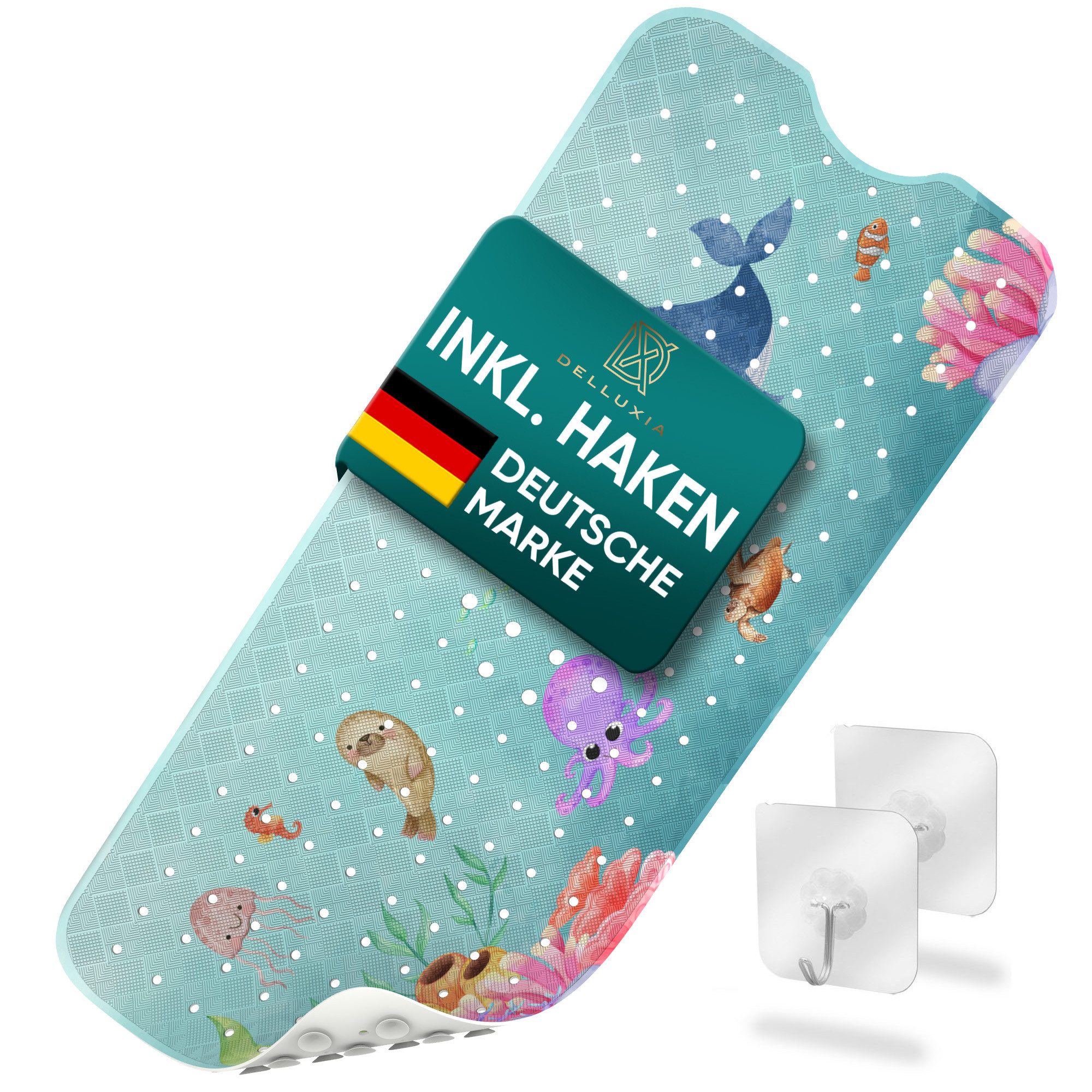 Delluxia Wanneneinlage Badewannenmatte Kinder rutschfest XL, B: 40 cm, L: 100 cm, inkl. Aufhängung, geruchsfrei, schimmelfrei, ohne Weichmacher
