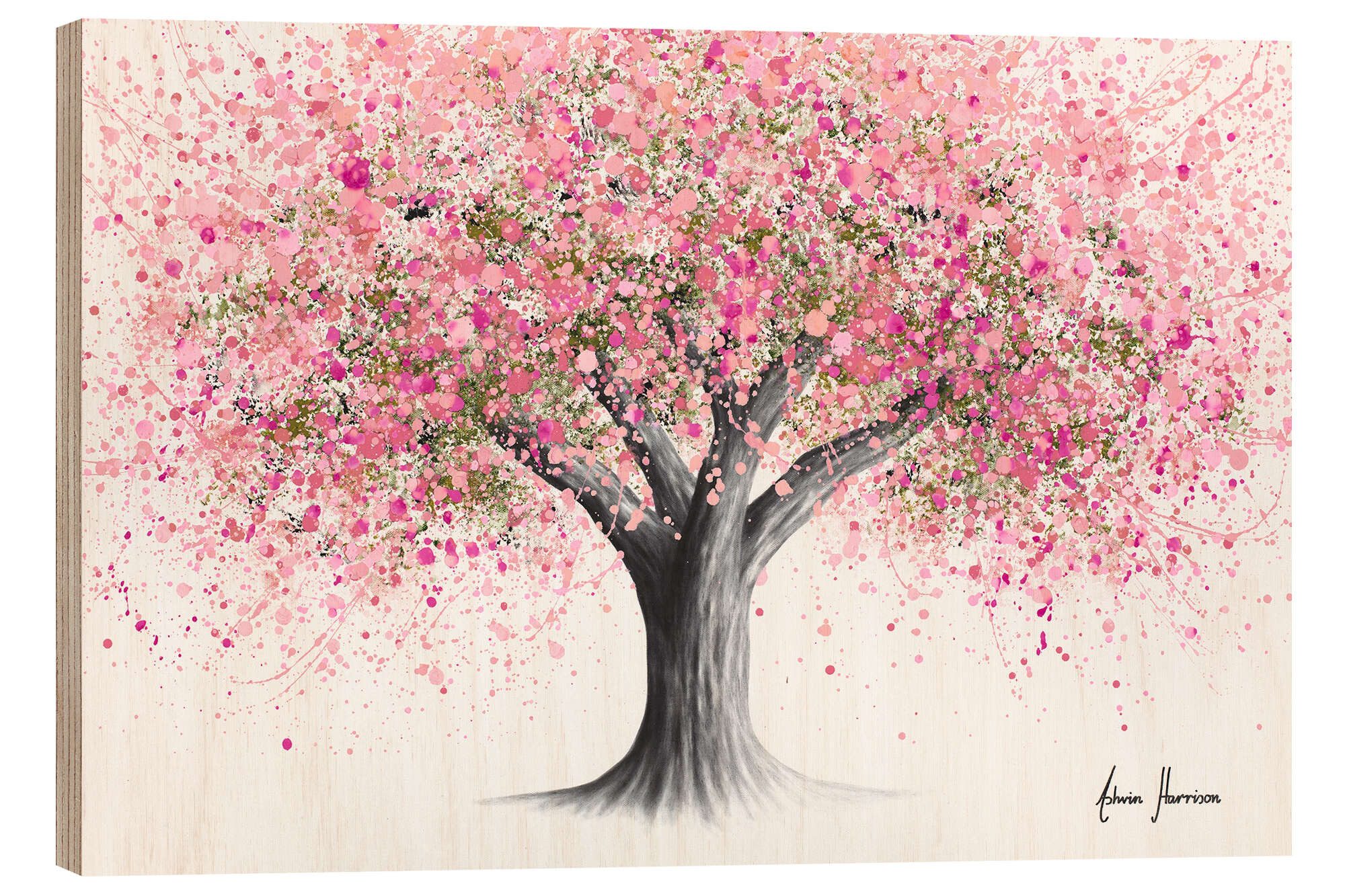 Posterlounge Holzbild Ashvin Harrison, Blühender Baum aus rosafarbenen Tupfen, Malerei
