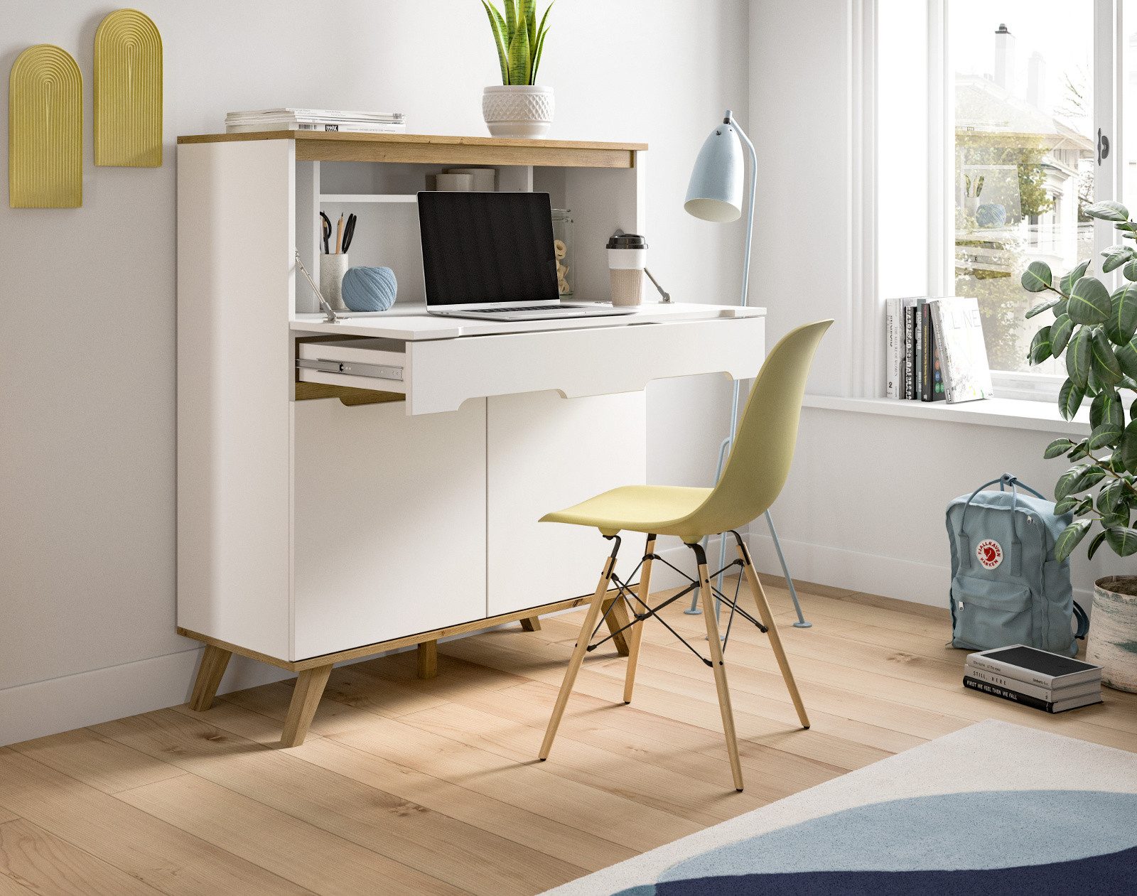 Inn.Furn Sekretär Hygge (in weiß und Nox Eiche, Breite 100 cm), mit Soft-Close-Funktion