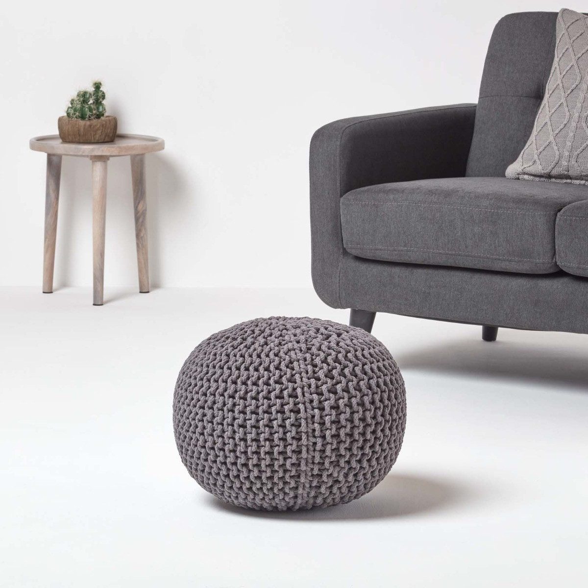 Homescapes Pouf Runder Strickpouf 100% Baumwolle, grau