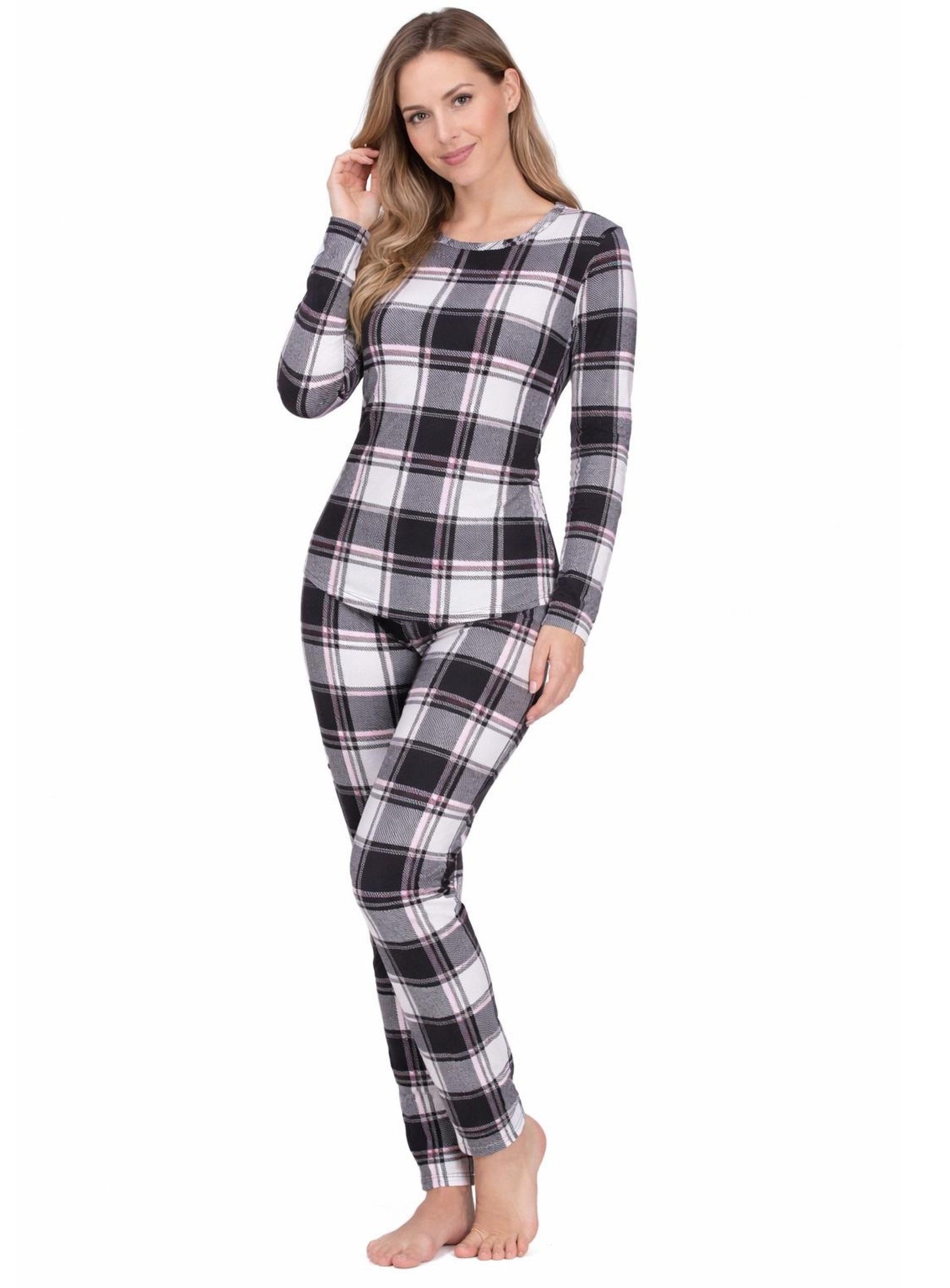 Schlafanzug Damen Karo Design Rundhals Homewear Hausanzug