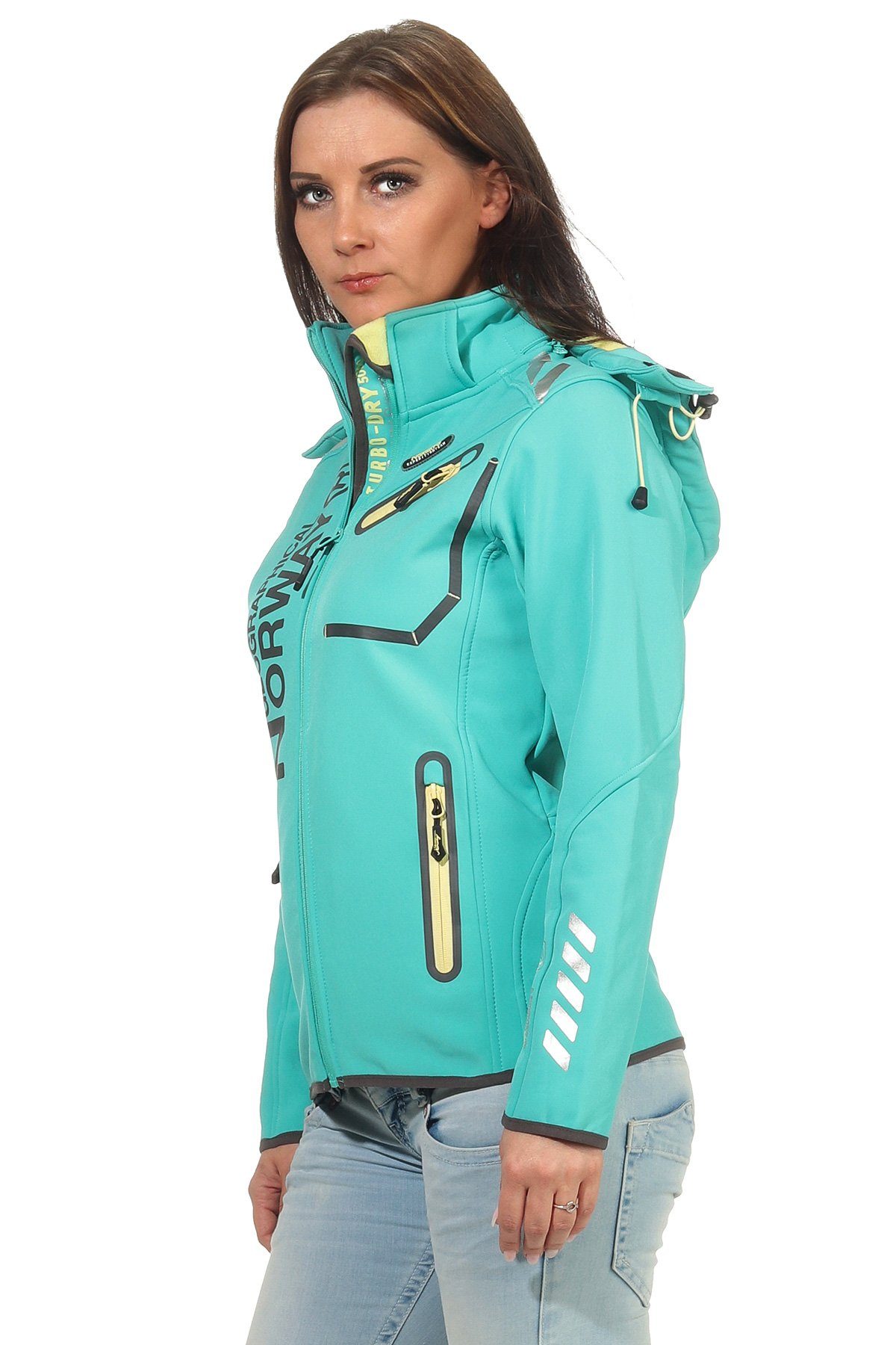 Geographical Norway Softshelljacke Damen Softshell Windbreaker Regen Outdoor Jacke in Unifarbe, mit abnehmbarer Kapuze, mit Stehkragen