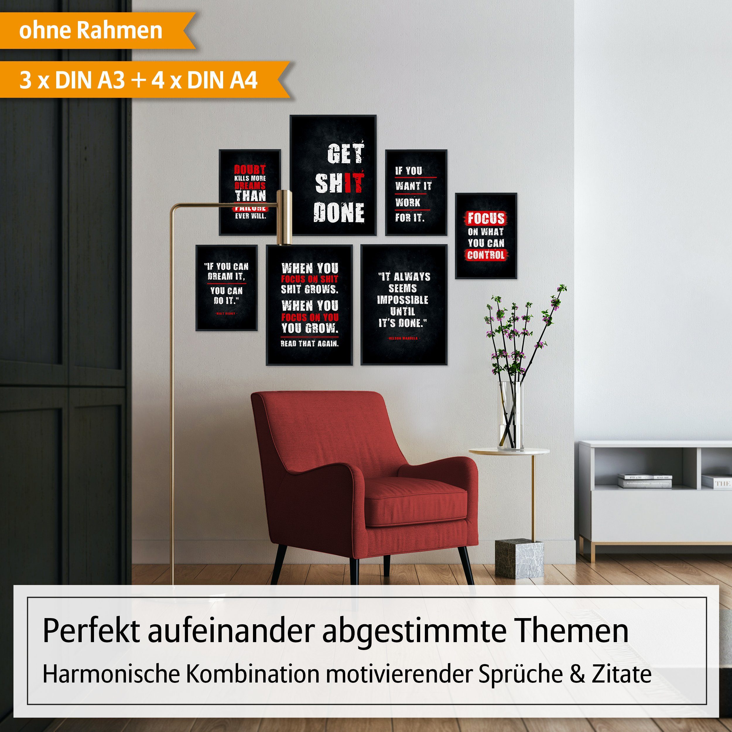 Hyggelig Home Poster Motivation - Premium Poster Set OHNE & MIT Rahmen - 7 Wandbilder Fokus, Sprüche (Set, 7 St), Collage schwarz weiß, Qualitätsdruck dickes Papier