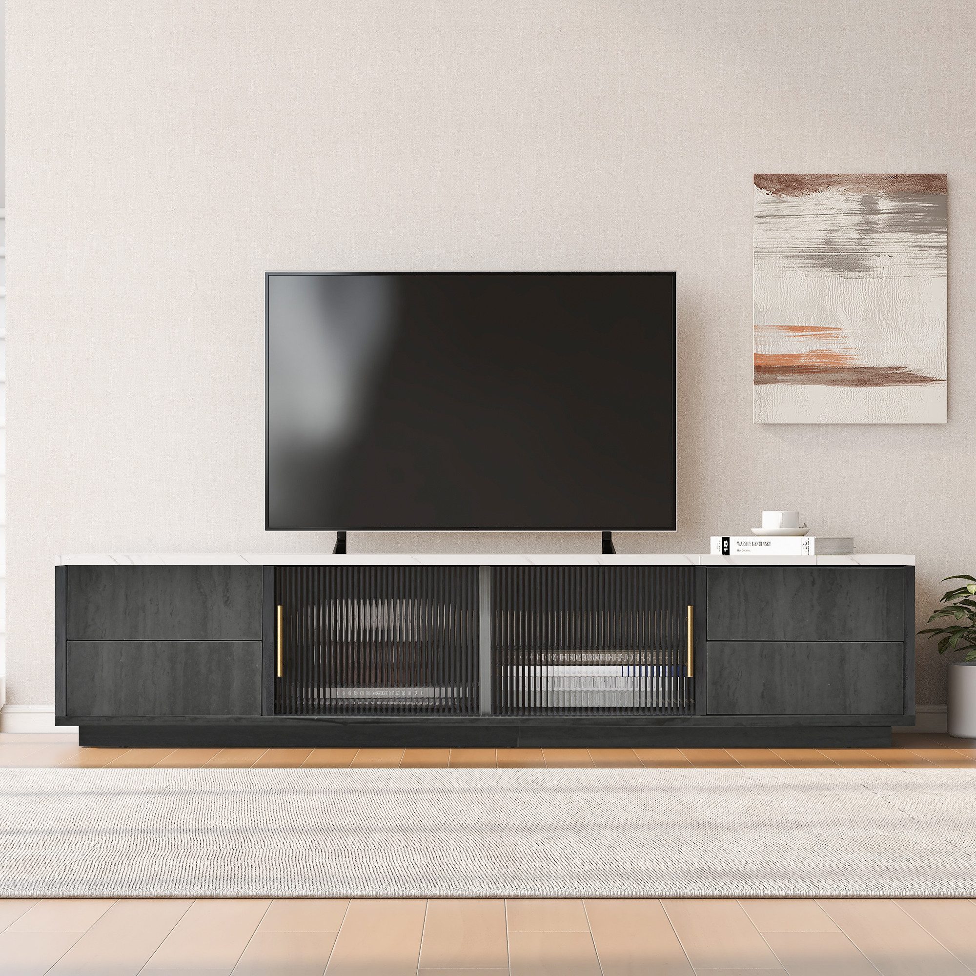 Welltin TV-Schrank 160cm Deluxe TV Stand für Fernseher bis 70 Zoll mit marmorierter Platte Kabelmanagement Push-to-Open Schubladen