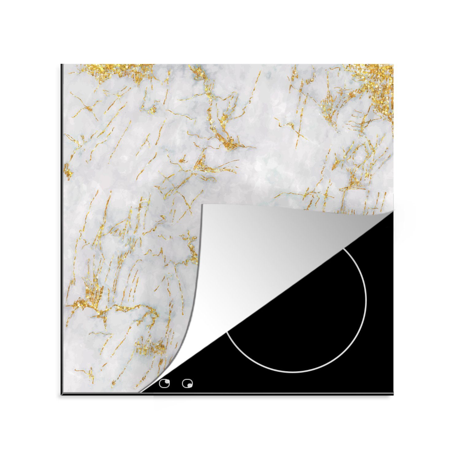 MuchoWow Herdblende-/Abdeckplatte Marmor - Gold - Weiß, Vinyl, (1 tlg), 78x78 cm, Ceranfeldabdeckung, Arbeitsplatte für küche