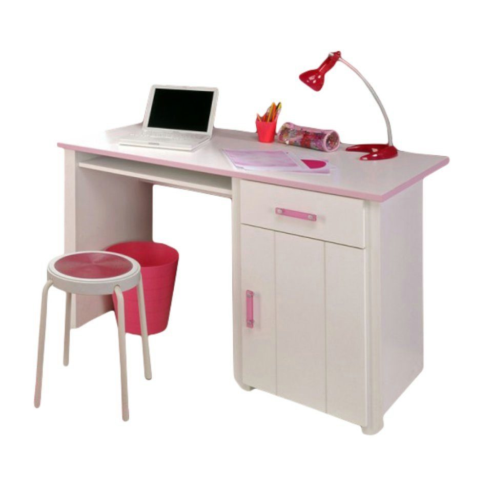 Kindermöbel 24 Kinderschreibtisch Biotiful Parisot weiß - rosa 1 Tür + Schublade + Fach
