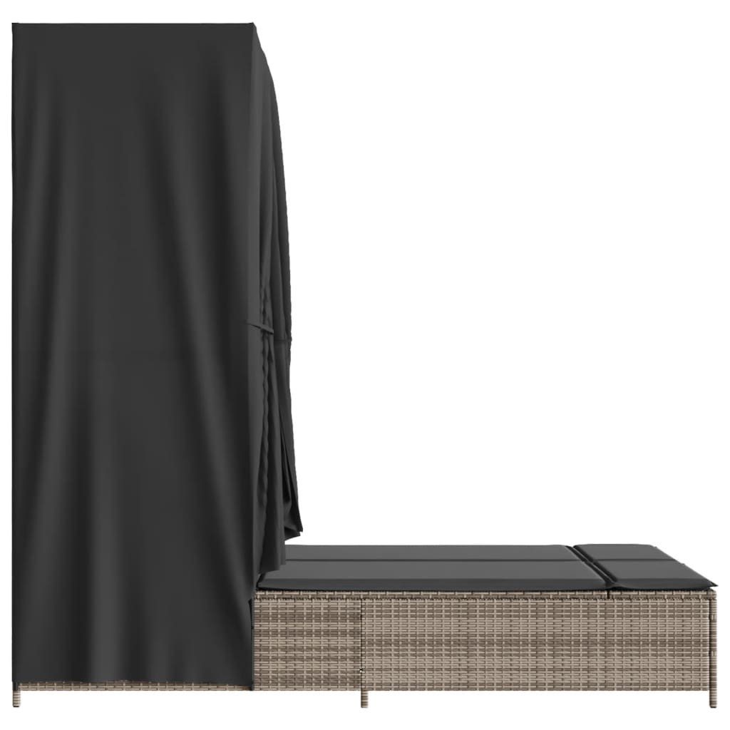 vidaXL Gartenliege Doppel-Sonnenliege mit Dach und Vorhängen Grau Poly Rattan, 1 St.