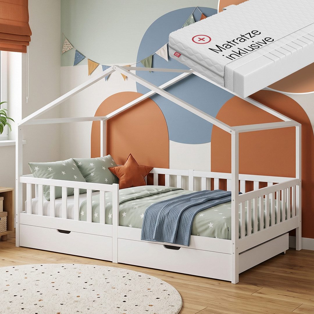 Bellabino Kinderbett Bia mit Rausfallschutz & Lattenrost (weiß, mit zwei Schubladen und Matratze), Kinderbett aus Kiefernholz, verfügbar in 80x160/90/120/140x200 cm