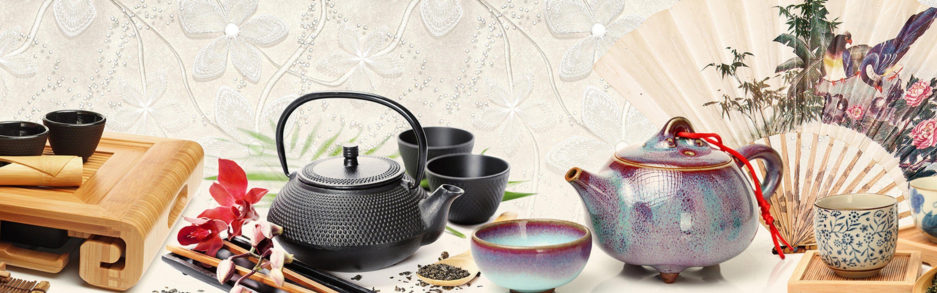 Hartschaum Nischenrückwand in Größen Holz Tee Bunt, Kanne Küchenrückwand versch. wandmotiv24 Asiatisch Stäbchen Premium (1-tlg),