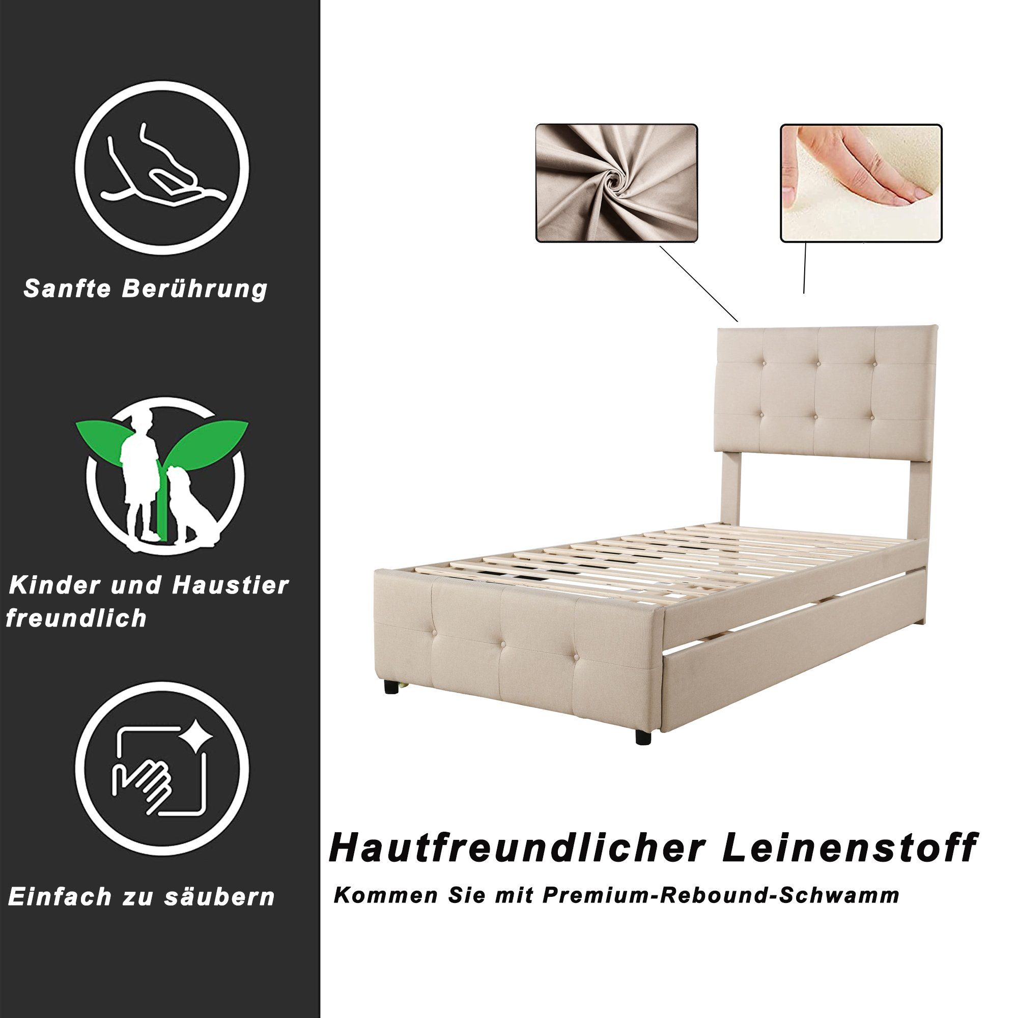 Polsterbett (Einzelbett 90x200cm), mit verstellbarem Kopfteil und Ausziehbett 90x190cm, Bezug aus Leinen