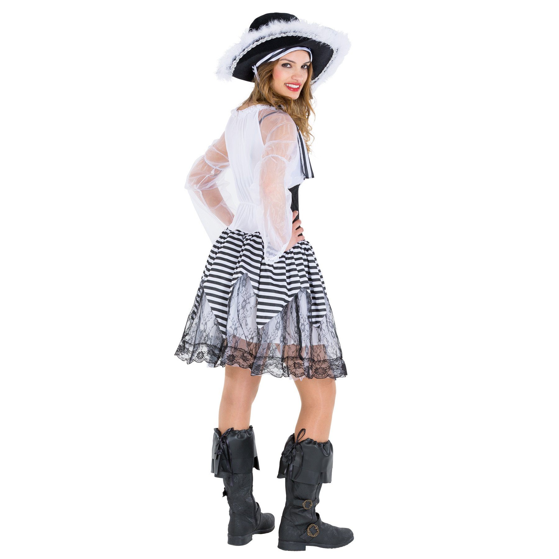 dressforfun Piraten-Kostüm Seeräuberin/Freibeuterin, Gr. M, Spitze am Ausschnitt und am, in schwarz, Schicker Hut, Tüllärmel und Tüllunterrock, Glitzer vorn