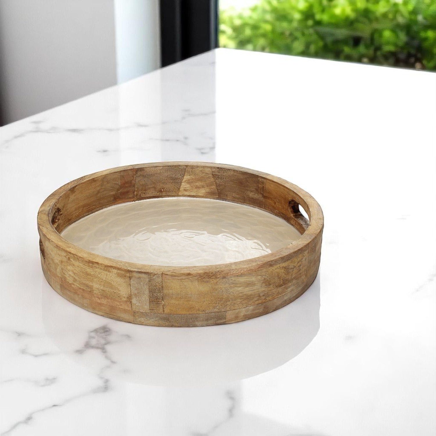 Macosa Home Dekotablett Holztablett Mangoholz Perlmutt Braun Creme 35 cm rund mit Griffen (Wohnaccessoire modern, Servierplatte Obsttablett), Tablett Tischdekoration Kerzenteller