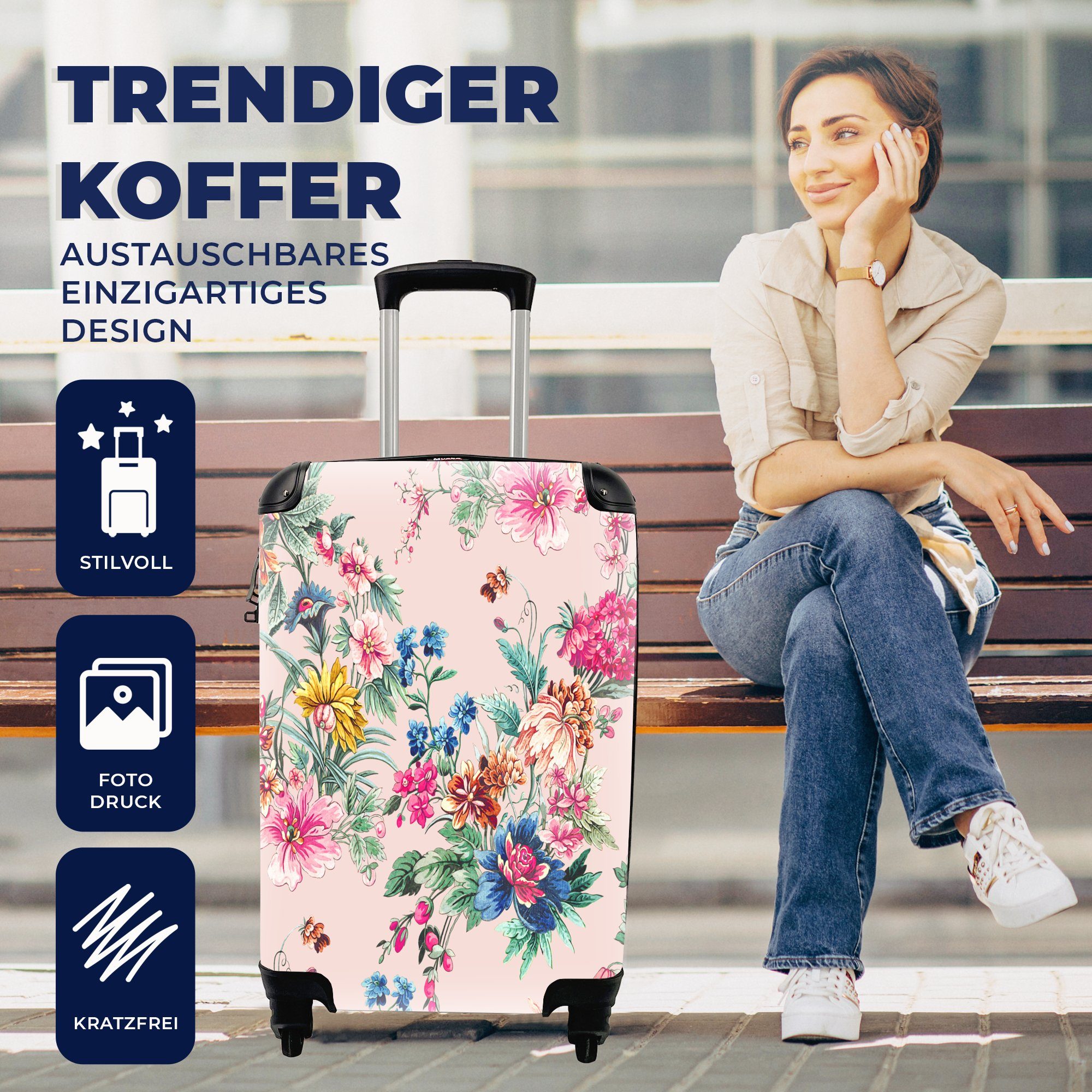 Reisetasche Ferien, Vintage, Reisekoffer - Rollen, Blumen Pastell MuchoWow Trolley, - Handgepäckkoffer rollen, mit Handgepäck 4 für