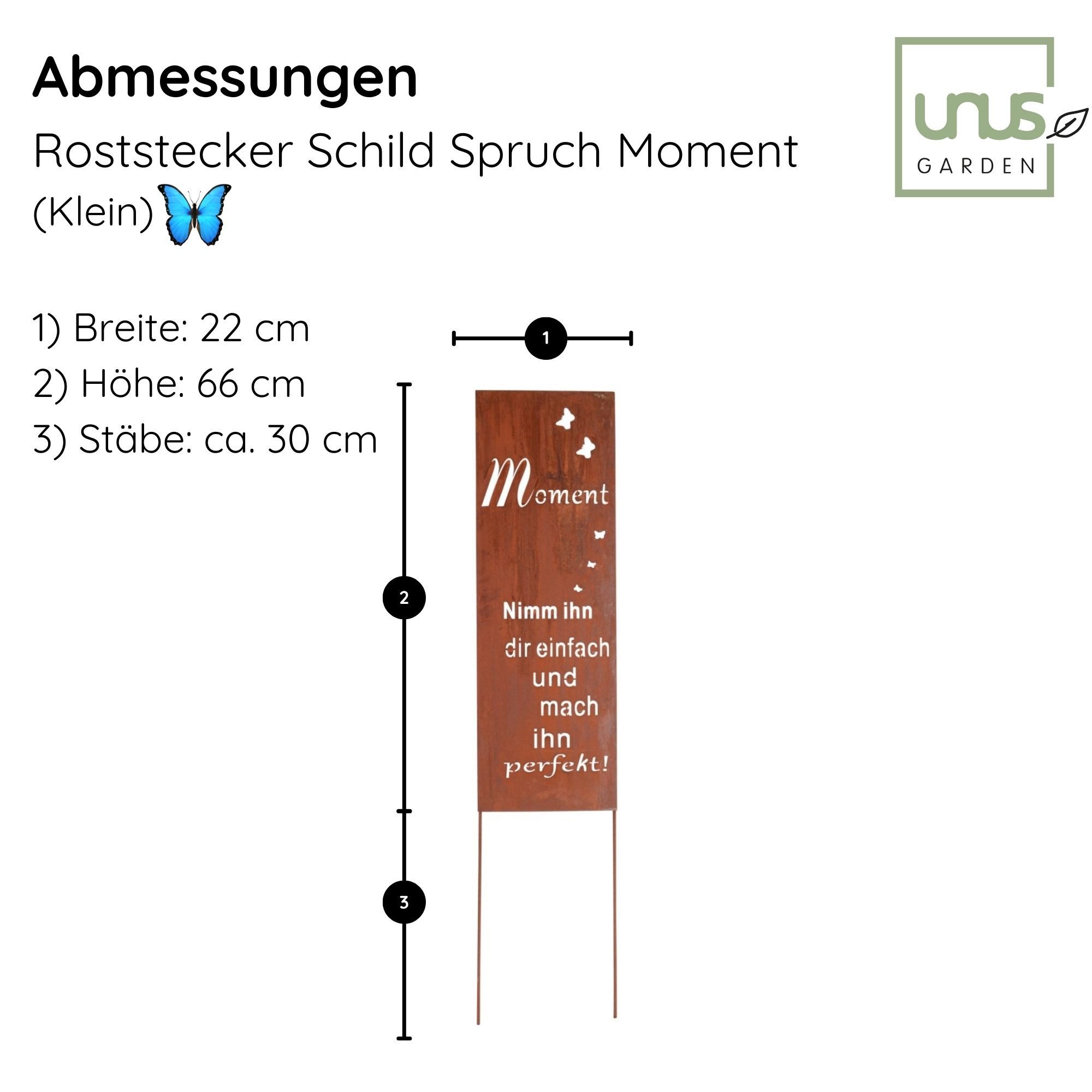 UNUS GARDEN Gartenstecker Roststecker Schild Spruch Moment (1-St., 66 x 22 cm (HxB) inkl. Streben ca. 99 cm lang) Edelrost Gartenschild Dekospruch – Bild 4 von 4