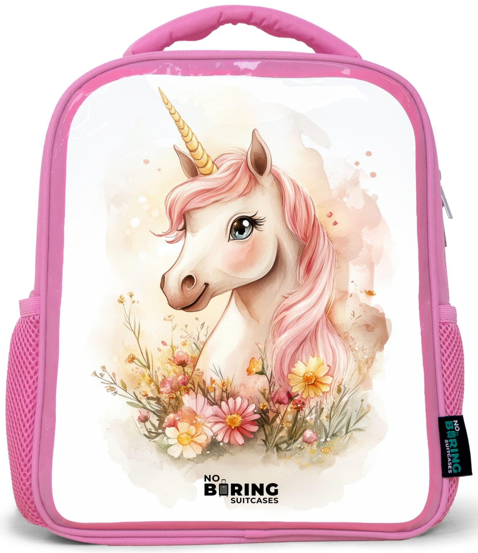 Rucksack Rosa - Einhorn mit rosa Mähne zwischen pastellfarbenen Blumen