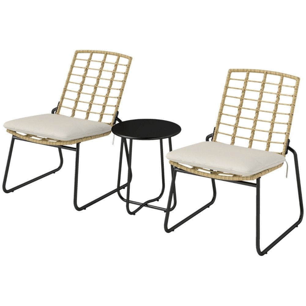 OKWISH Sitzgruppe 3‑tlg. Gartenmöbel-Set Ø40x46 cm stapelbar aus Rattan in Beige/Schwarz, (Set, 3-tlg., Outdoor-Sitzgruppe & Balkonmöbel für Terrasse, Balkon & Garten), Wetterfeste, 2 stapelbare Stühle mit Kissen & Tisch für 2 Personen