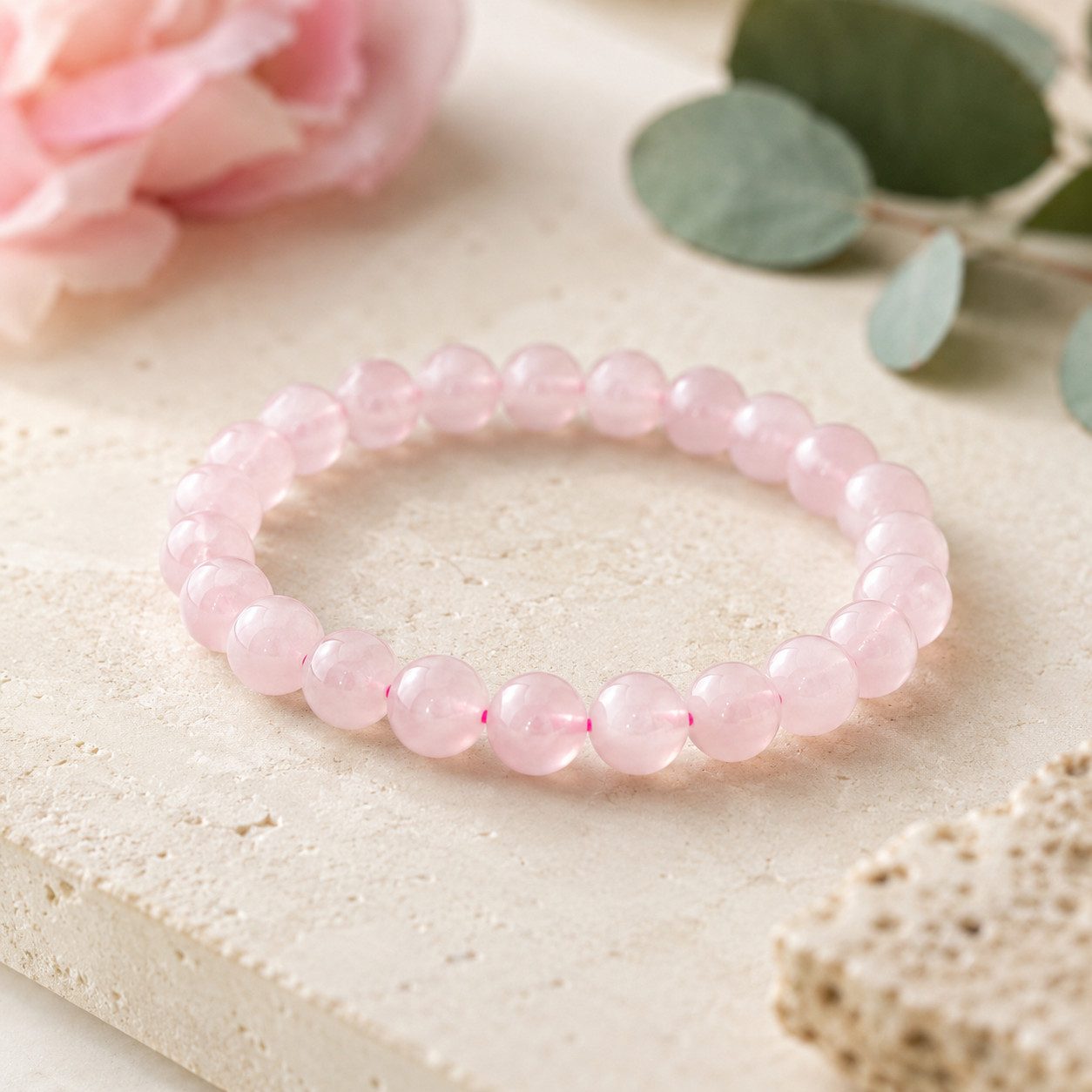 Karmandala Charm-Armband elegantes Naturstein Armband mit Edelstein Kugeln 8 mm, Rosenquarz Echtstein Edelstein Armband