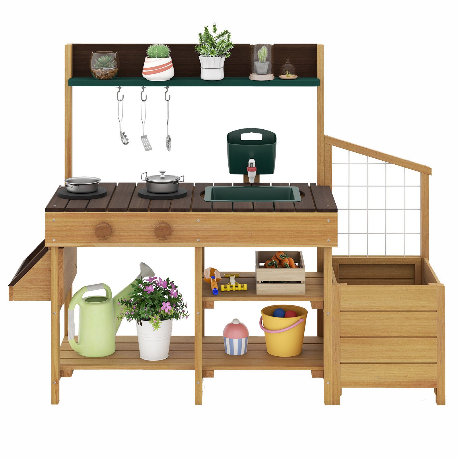 KOMFOTTEU Spielküche, Kinderküche Matschküche mit Pflanzkasten & Rankgitter