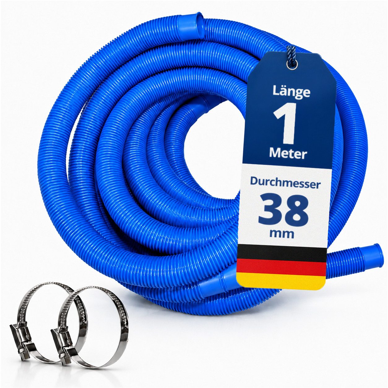 HAF Poolschlauch Schwimmbadschlauch Poolschlauch Solarschlauch Blau Ø 38mm 1 Meter, Schlauch "Made in Germany" mit Trennmuffen, inkl. 2 Schlauchschellen aus Edelstahl (25-40mm)