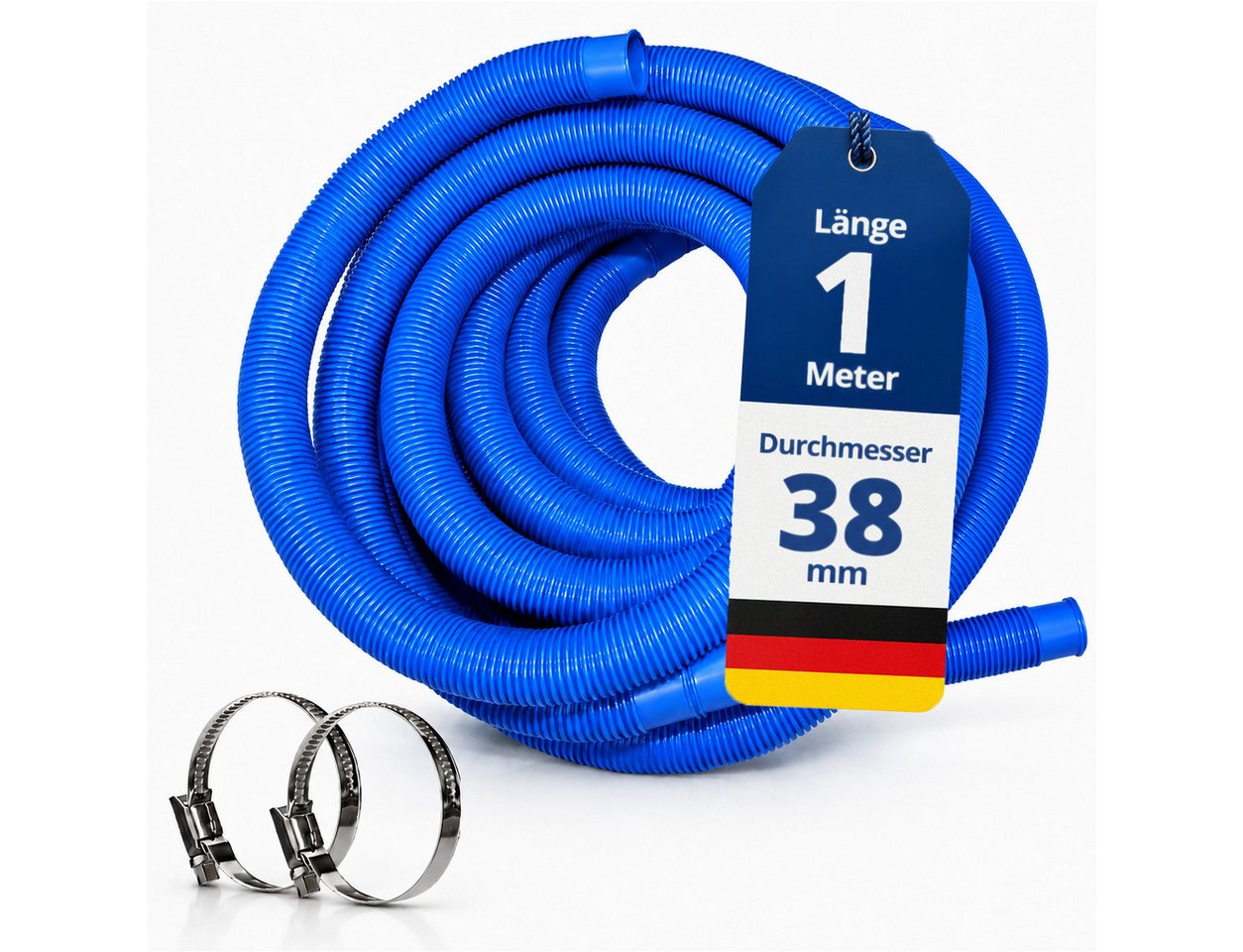 HAF Poolschlauch Schwimmbadschlauch Poolschlauch Solarschlauch Blau Ø 38mm 1 Meter, Schlauch "Made in Germany" mit Trennmuffen, inkl. 2 Schlauchschellen aus Edelstahl (25-40mm)