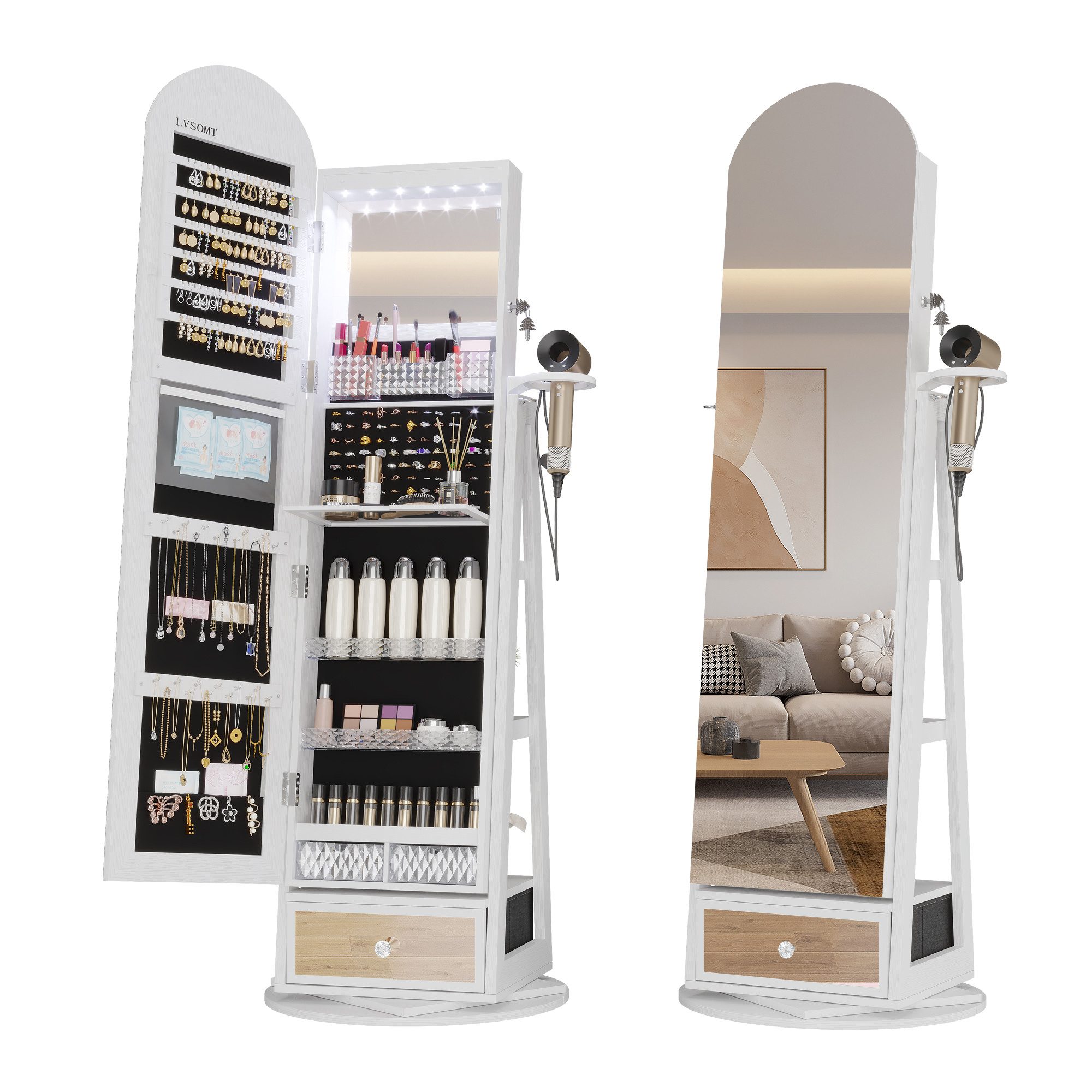 LVSOMT Schmuckschrank 360° Drehbar, LED Bogen günstig online kaufen