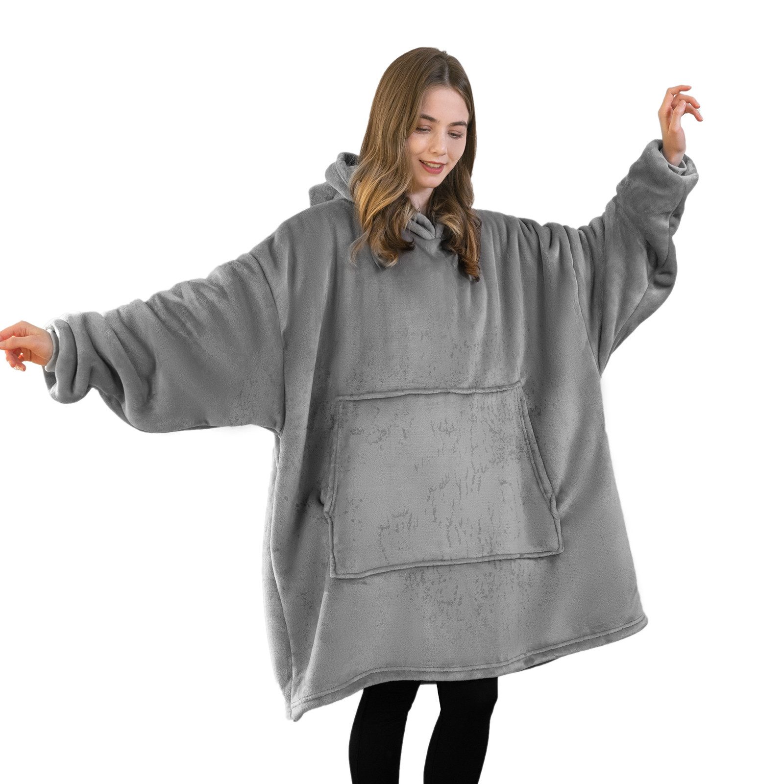 Wohndecke Tragbare Kuscheldecke mit Ärmeln, Sherpa, mit Taschen, Grau, Good Nite, Hoodie, Oversize, Sherpa Fleece, Decke