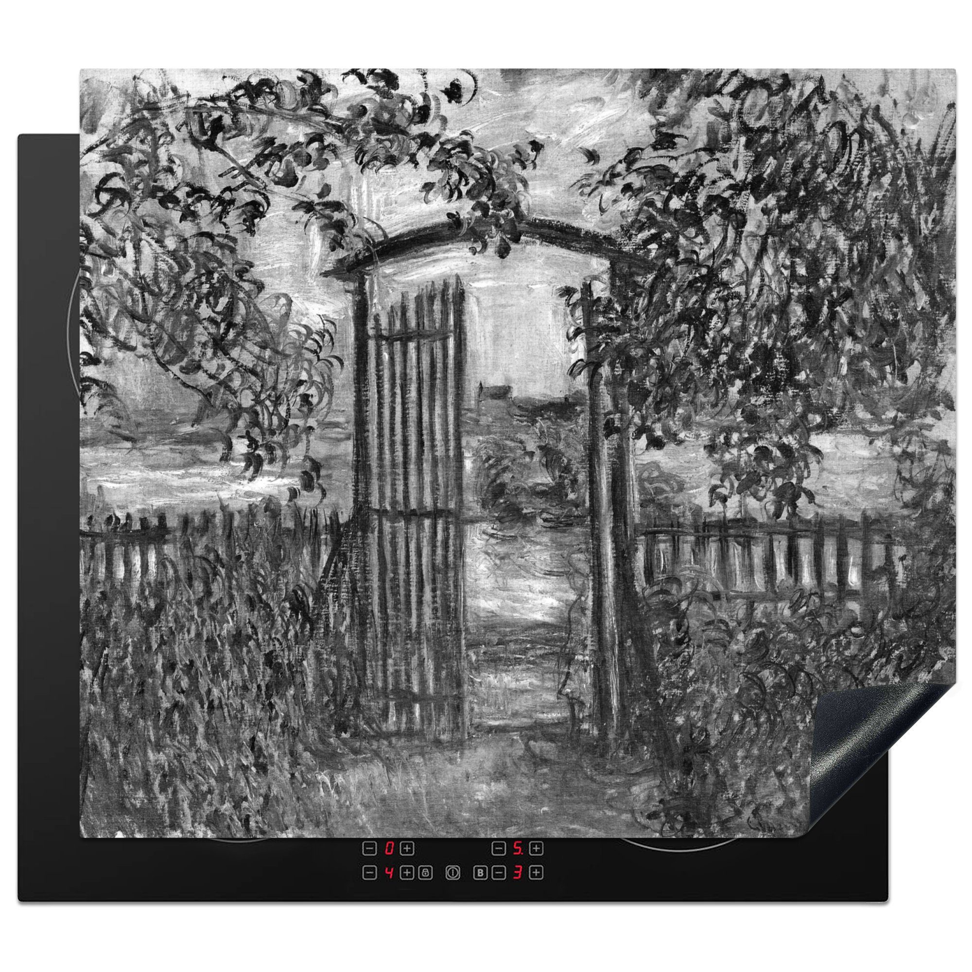 MuchoWow Herdblende-/Abdeckplatte Das Gartentor von Vetheuil - Gemälde von Claude Monet in Schwarz-Weiß, Vinyl, (1 tlg), 60x52 cm, Mobile Arbeitsfläche nutzbar, Ceranfeldabdeckung