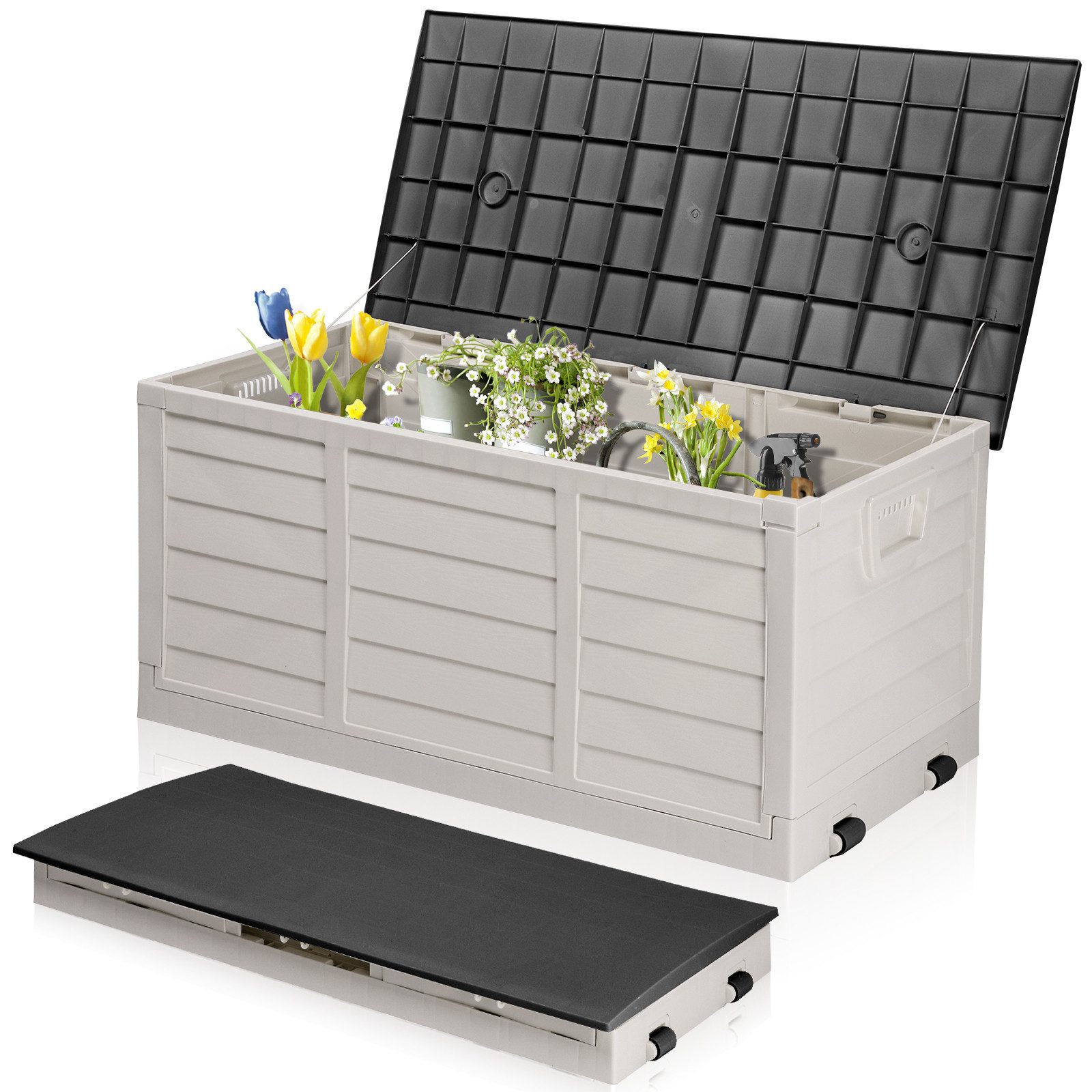 LALAHO Gartenbox mit Rollen Wasserdicht, 280 L Kunststoff, für Garten, Terrasse, Balkon, 112 x 51 x 50 cm
