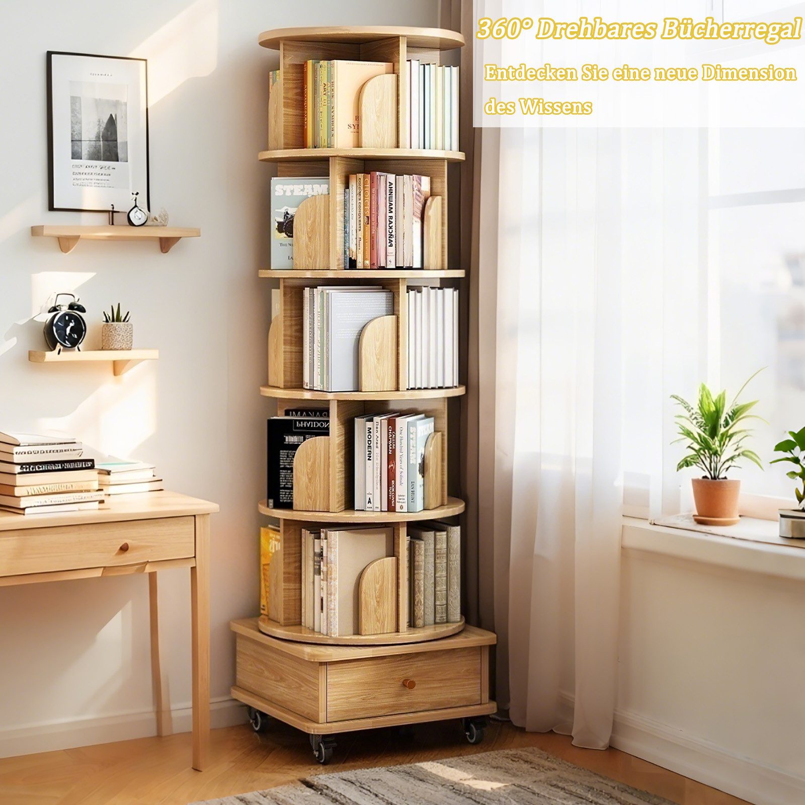 Luckice Bücherregal 6 StöCkiges Drehregal, 360° Drehbares Rundregal mit Rollen, Set, Platzsparendes Drehregal füR Kleine RäUme – Bild 3 von 5