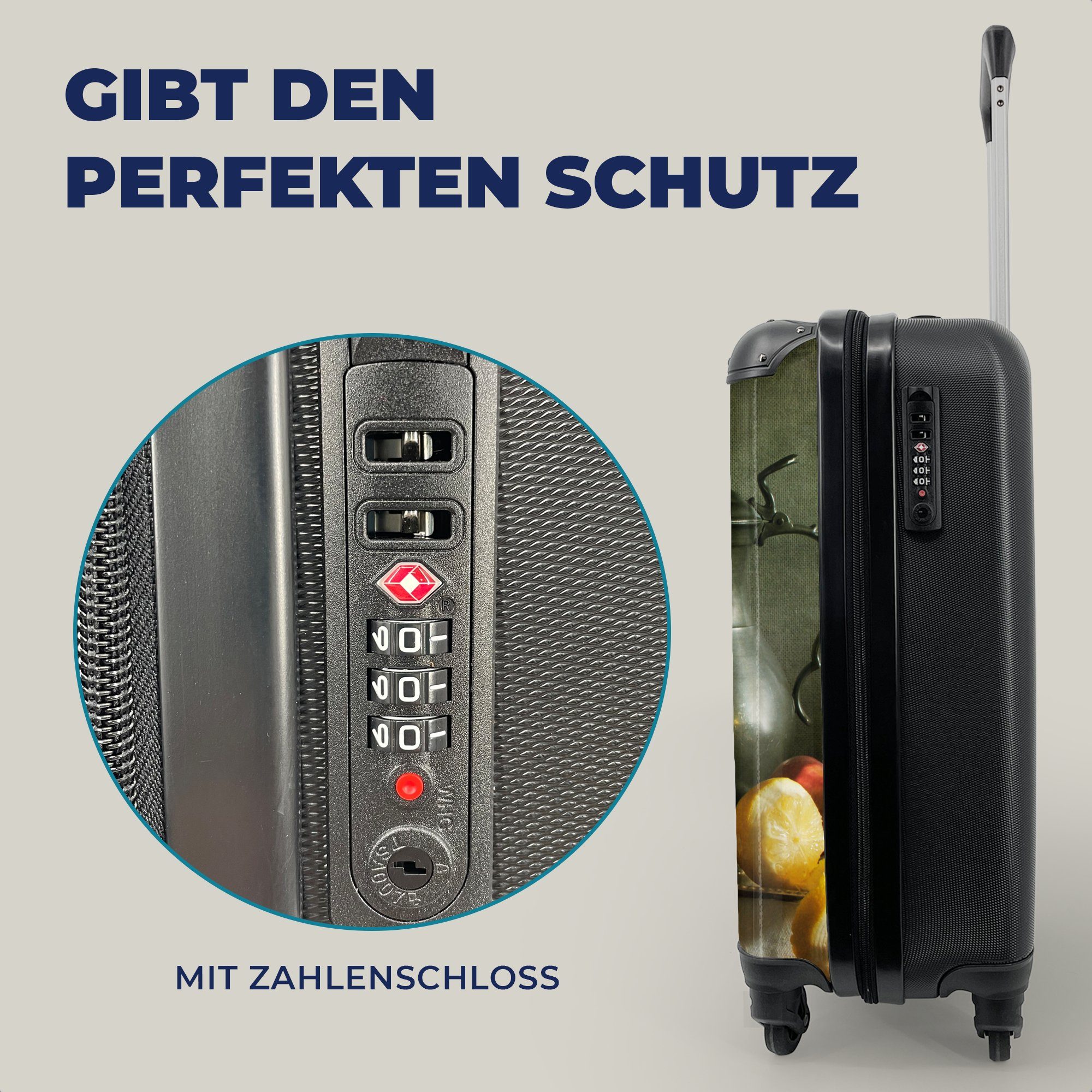 Stilleben, Rollen, mit - Käse Reisekoffer - Trolley, Reisetasche - MuchoWow Teekanne rollen, - Handgepäckkoffer Rustikal für Ferien, 4 Handgepäck Obst