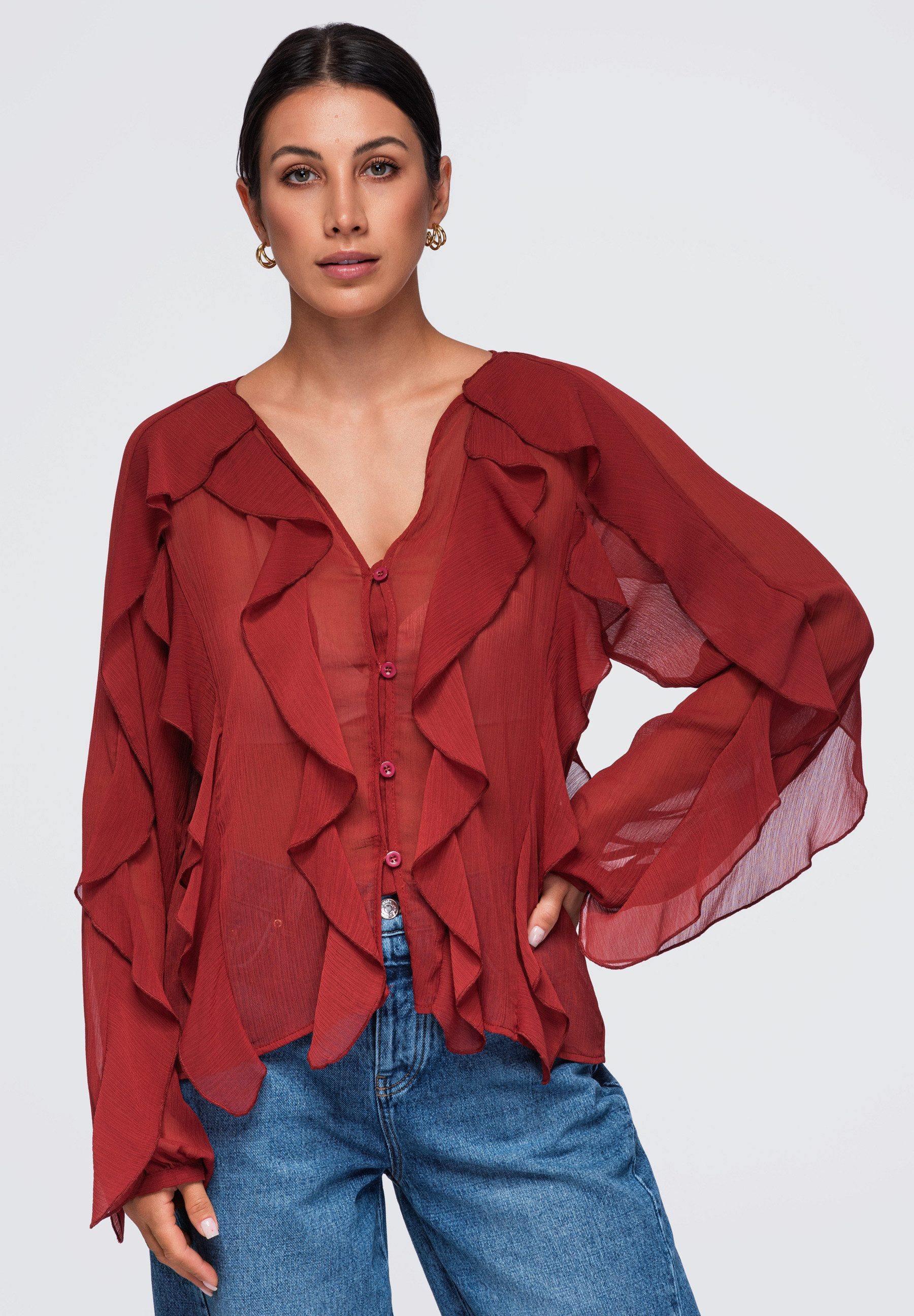 OMBRE Hemdbluse Damen Bluse mit V-Ausschnitt und Rüschen Brick ONESIZE (kein Set, 1-tlg) in Unifarbe