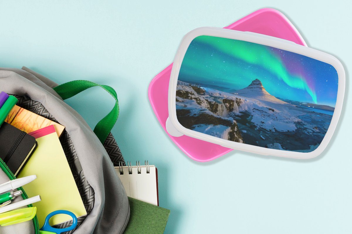 Island, Berge Snackbox, Nordlichter rosa für Kunststoff (2-tlg), Mädchen, MuchoWow Kunststoff, - Brotdose Kinder, - Brotbox Lunchbox Erwachsene,