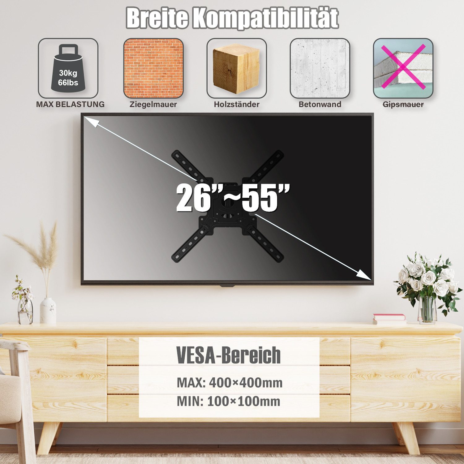 muchen TV-Wandhalterung TV Wandhalterung für 32-55zoll Fernseher Schwenkbar Neigbar Wandhalter, (bis 55 Zoll, Für Fernseher 55 50 43 40 32 26 Zoll bis zu 30 kg, Für TCL LG SAMSUNG TOSHIBA PHILIPS HISENSE Fernseher)