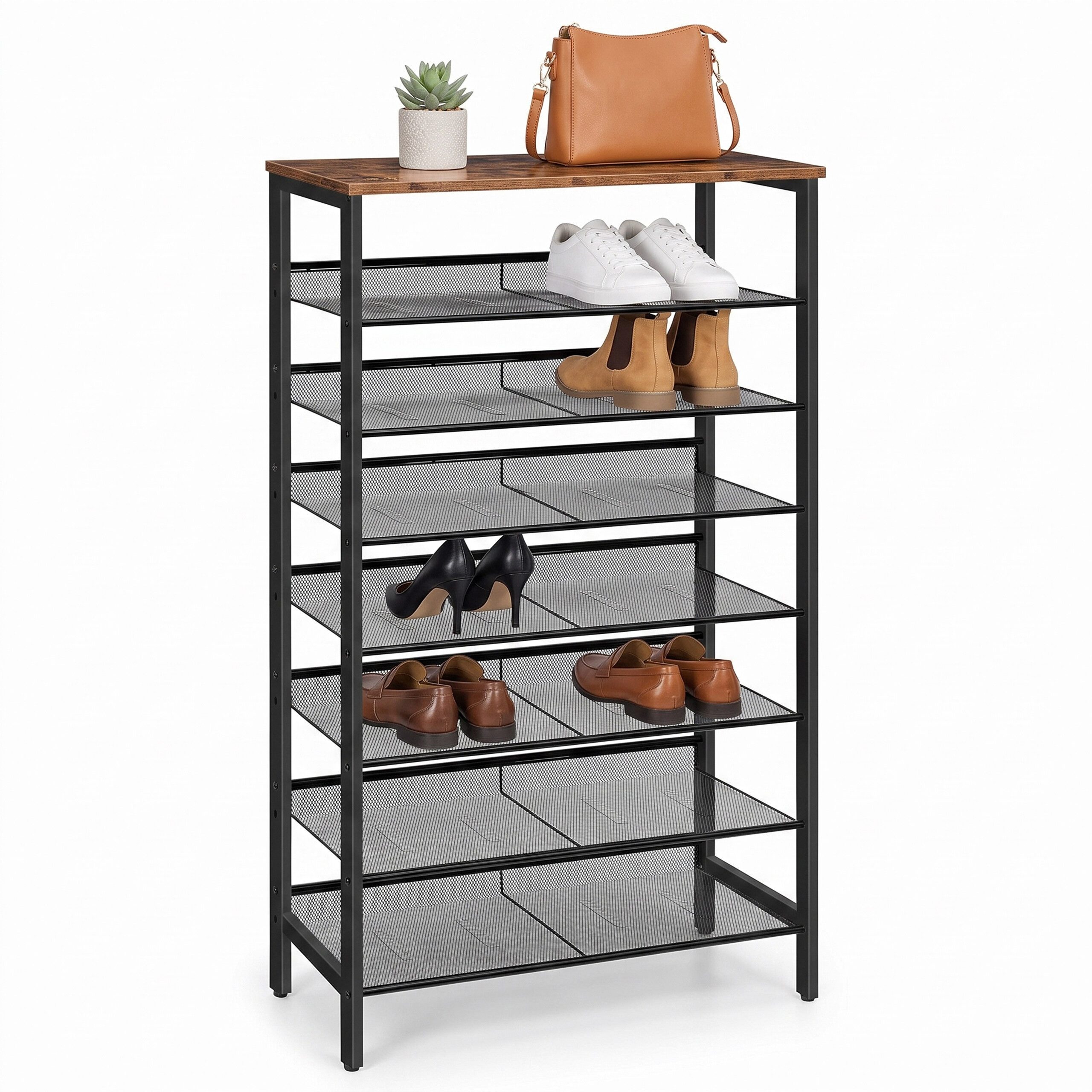 relaxdays Schuhregal Metall & MDF 8 Ebenen, Vintagebraun