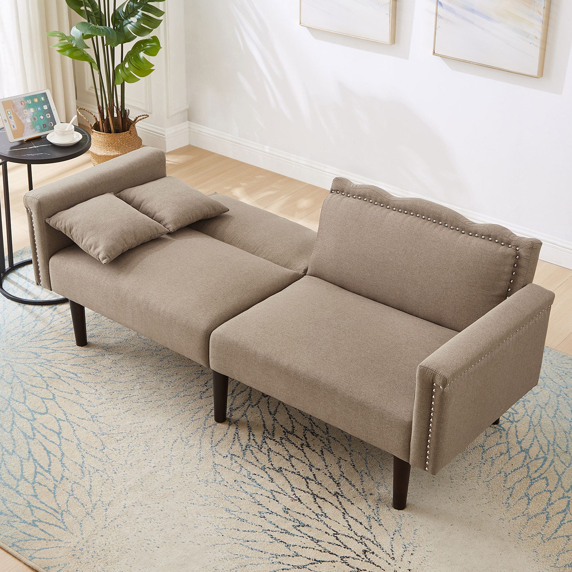 Refined Living Schlafsofa Zweisitzer-Sofa, Sofa mit Liegefunktion, 2-in-1 Schlafsofa, Klappsofa, verstellbare Rückenlehne Sofa, Leinen Schlafcouch, kleines Sofa mit Bettfunktion, Sofa für Gästezimmer, Relaxsofa, Multifunktionssofa mit Holzfüßen, Metallverzierungen, Baumwoll-Leinen-Stoff, hochdichter Schaumstoff, mit Zwei bequeme Kissen 1 Teile, für Kleine Wohnungen, Gästezimmer, Wohnzimmer,Büro,Schlafzimmer