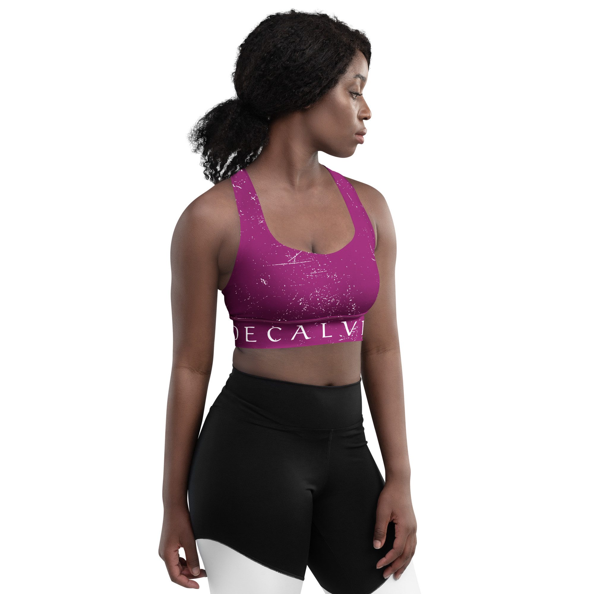 DECALVIBES Sport-BH Longline Sports Bra Purple Carbon Paper Longline Design, starker Halt, herausnehmbare Pads, atmungsaktiv