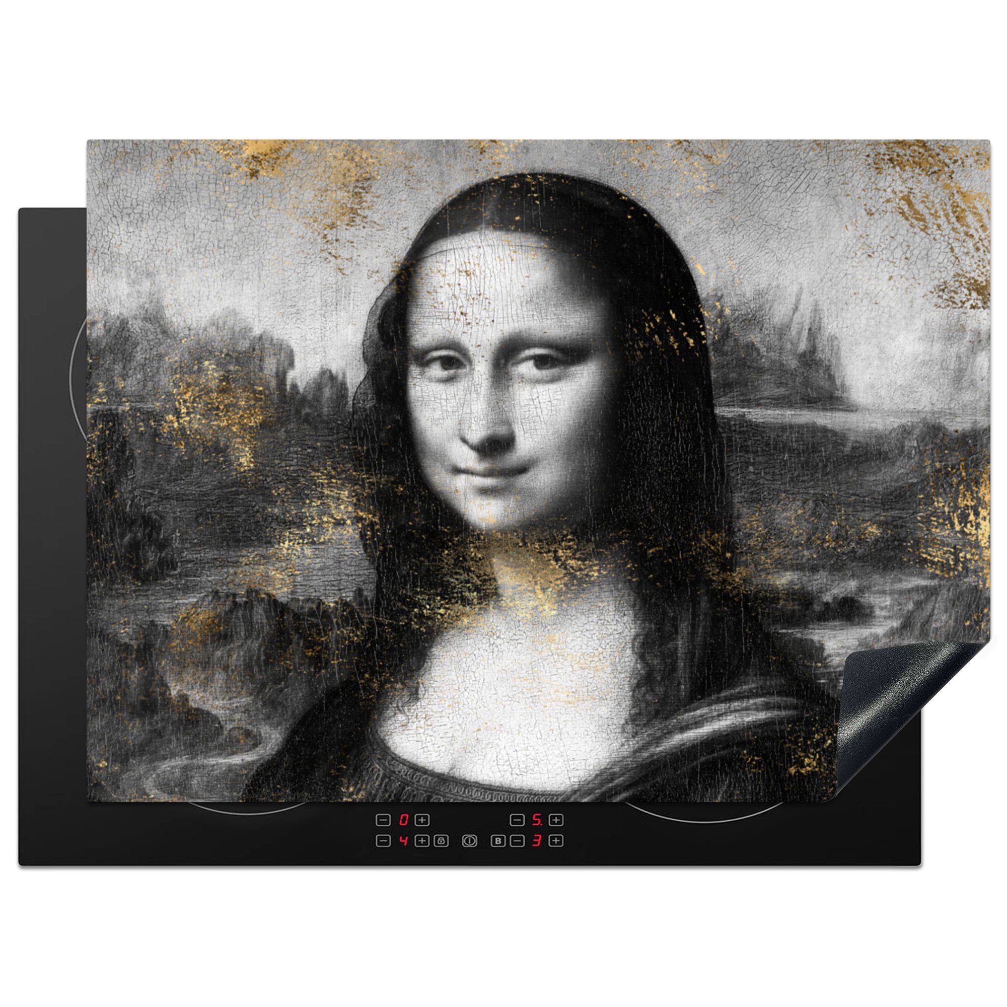 MuchoWow Herdblende-/Abdeckplatte Mona Lisa - Leonardo da Vinci - Schwarz - Weiß - Gold, Vinyl, (1 tlg), 71x52 cm, Induktionskochfeld Schutz für die küche, Ceranfeldabdeckung