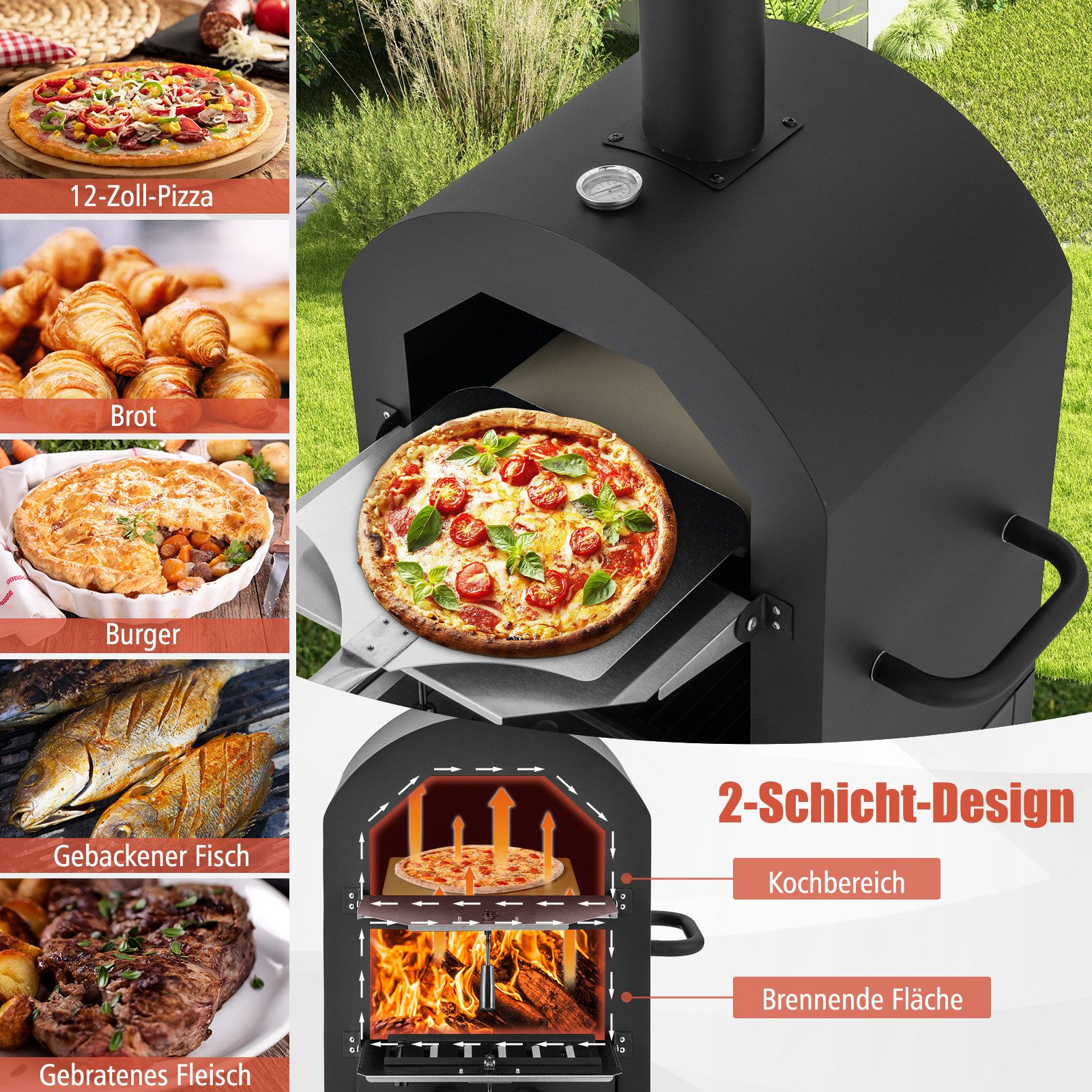 COSTWAY Pizzaofen, Holzofen outdoor, mit Griff & Thermometer