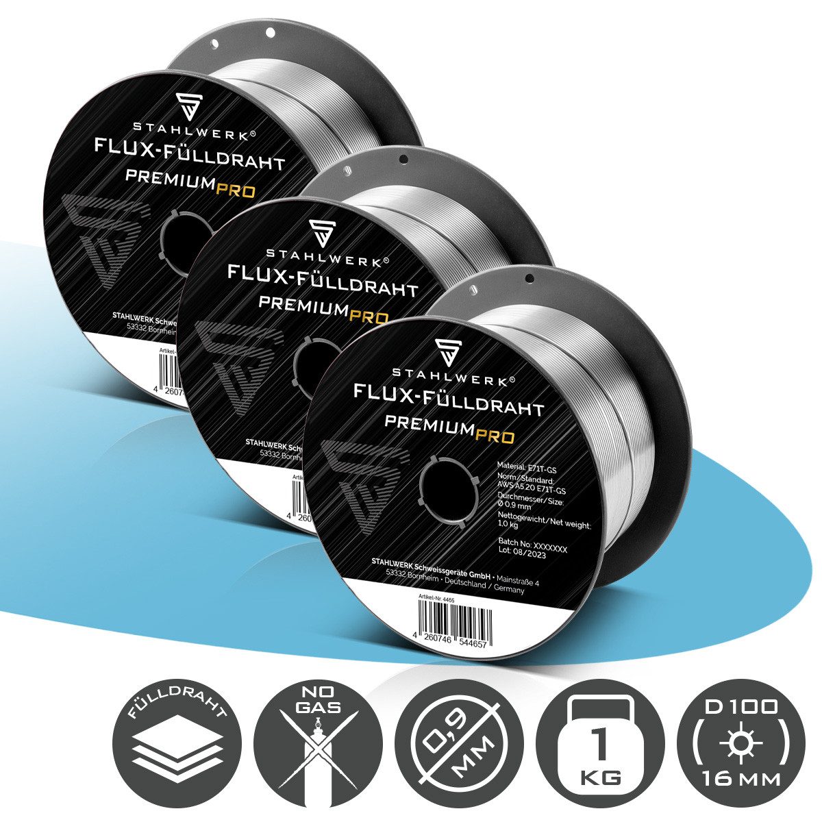 STAHLWERK Schweißdraht Fülldraht 3er Set FLUX E71T-GS 0,9 mm 1 kg Drahtrolle D100 MIG MAG, (Packung), chemische Zusammensetzung garantiert bessere Schweißergebnisse