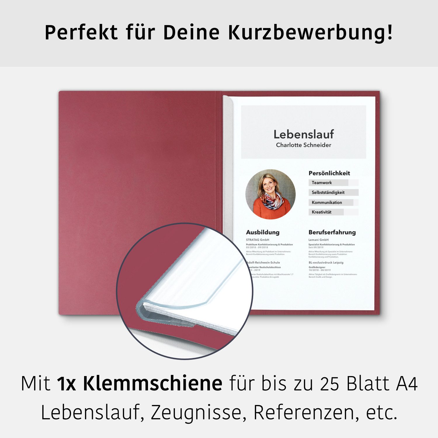 STRATAG Bewerbungsmappe in feinster Lederstruktur - 6 Stück 1-teilig mit 1 Klemmschiene (Set, 6-St., mit hochwertiger Relief-Prägung BEWERBUNG), direkt vom Hersteller STRATAG - handgefertigt in Deutschland
