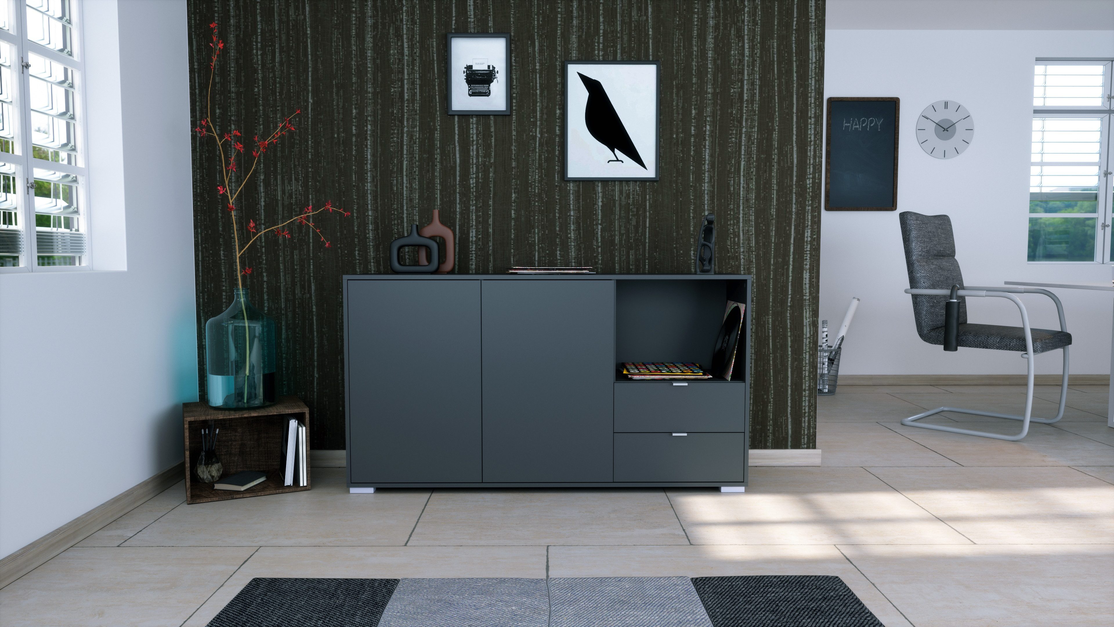 Vladon Sideboard Milano (Kommode mit 2 Türen Anthrazit matt, 2 Schubladen Anthrazit matt, Made in Germany), Korpus Anthrazit matt (152,5 x 83 x 37 cm)