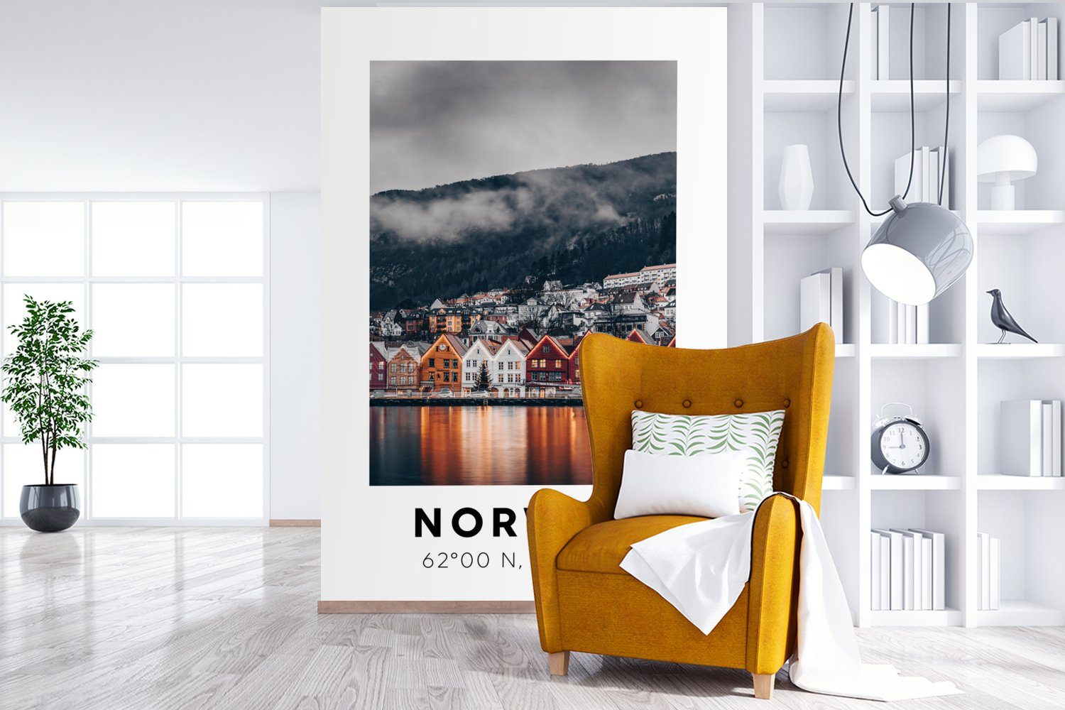 MuchoWow Fototapete St), - Wohnzimmer, Wasser bedruckt, Vinyl Norwegen Montagefertig für Skandinavien, Wandtapete - Bergen - (3 Matt, Tapete
